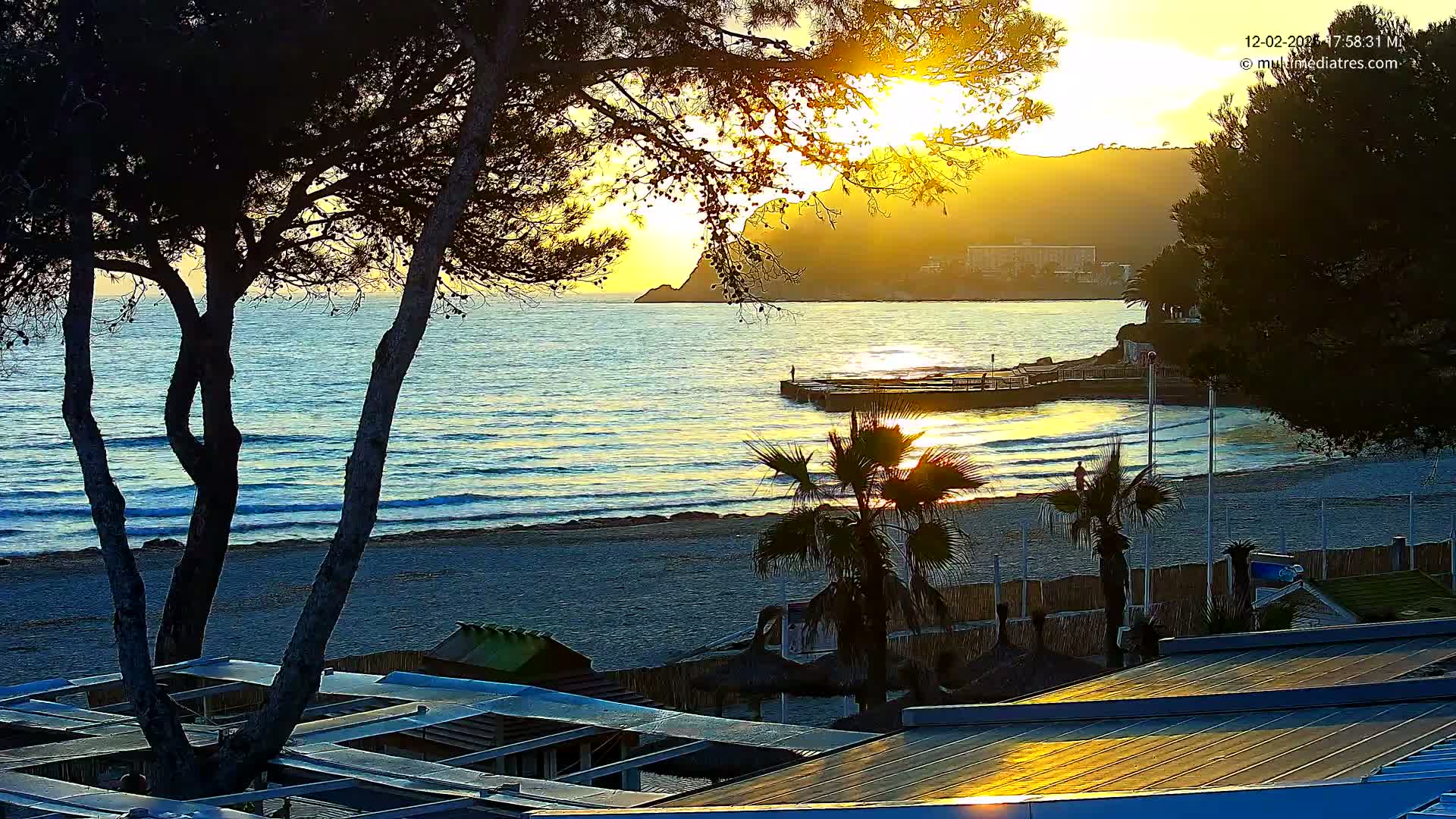 A beach scene at sunset shows calm ocean waves lapping a sandy shore, silhouetted palm trees, and buildings partially obscured by trees.