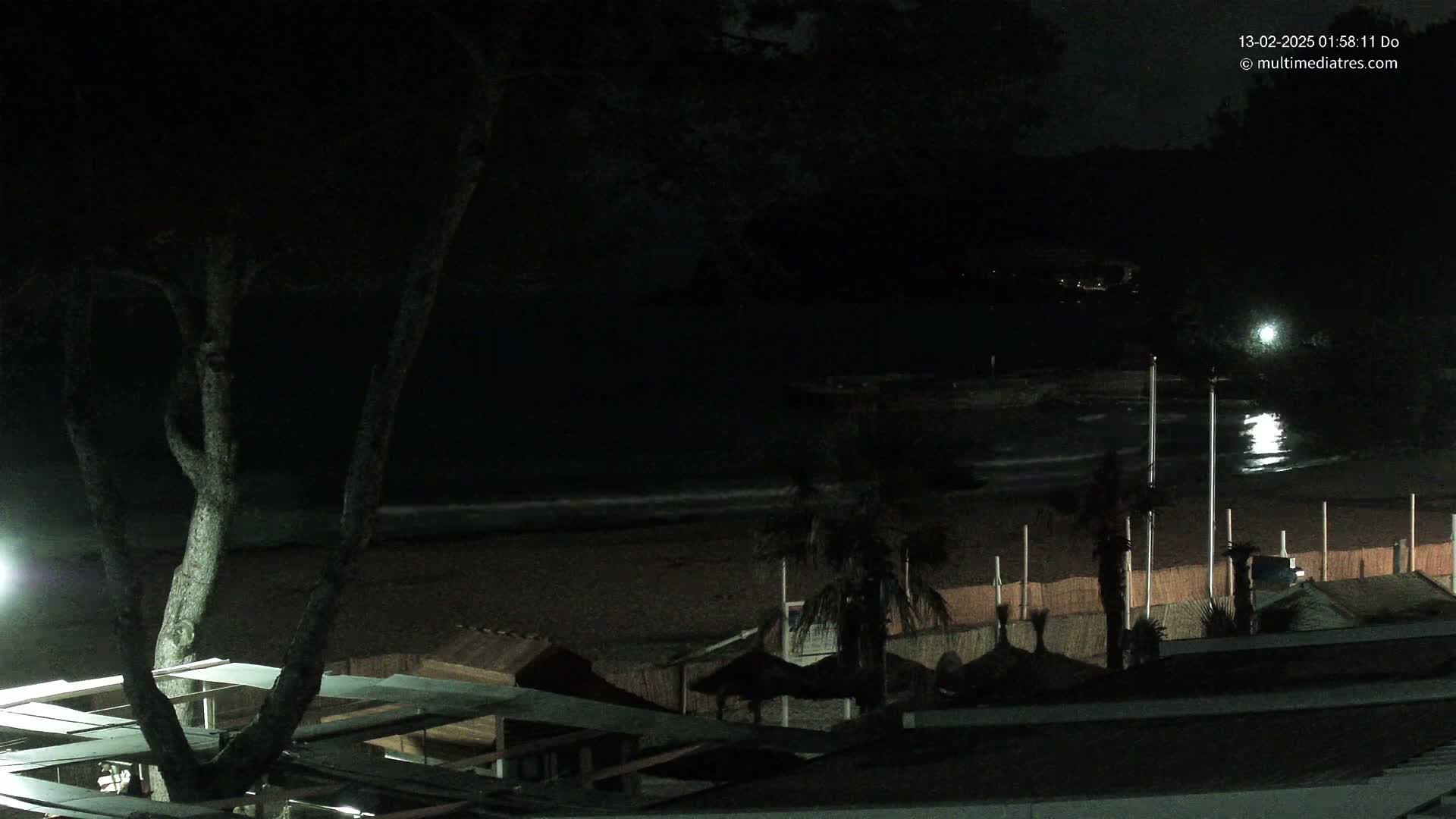 A dark, nighttime beach scene shows a sandy shore with gentle waves lapping at the edge, small structures and palm trees lining the beach, and a tree in the foreground partially obscuring the view.
