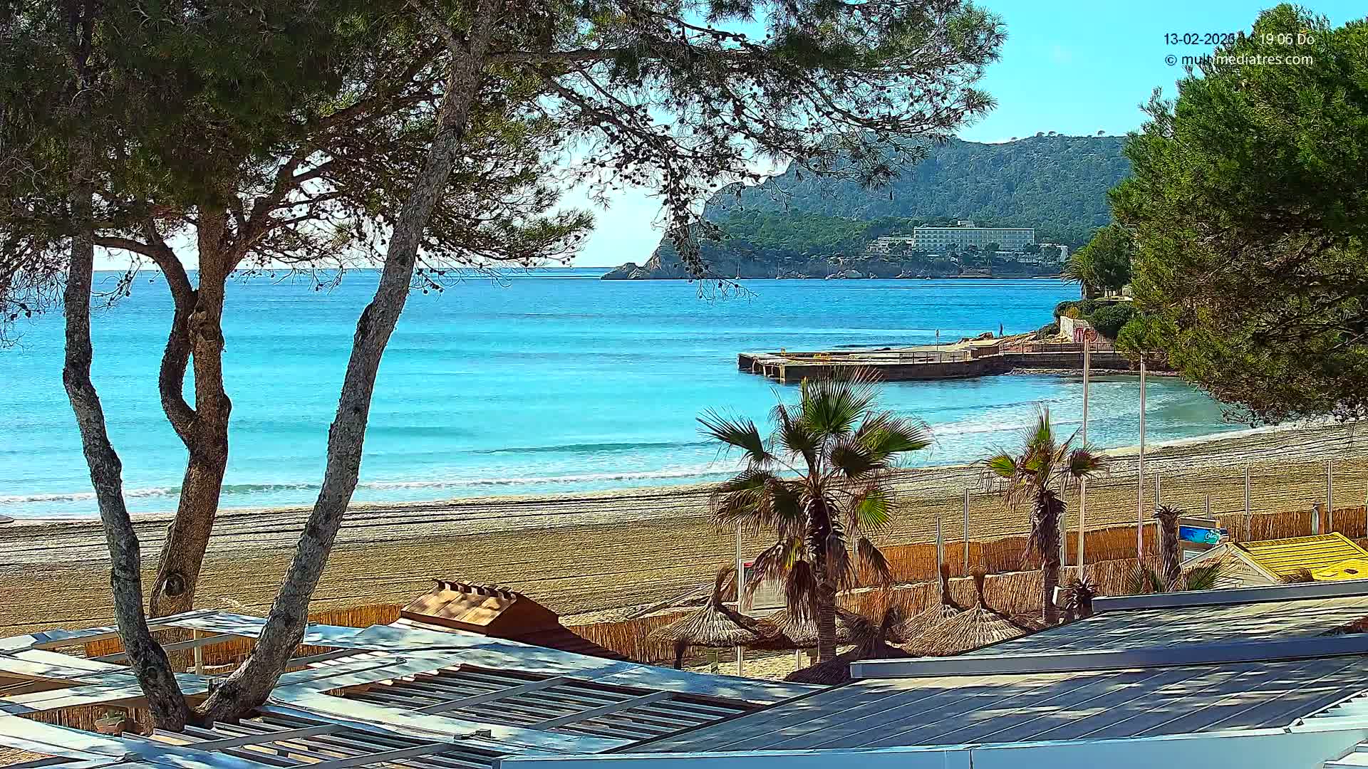 A sandy beach with calm, turquoise water stretches beneath a clear sky, partially obscured by trees and beach umbrellas.