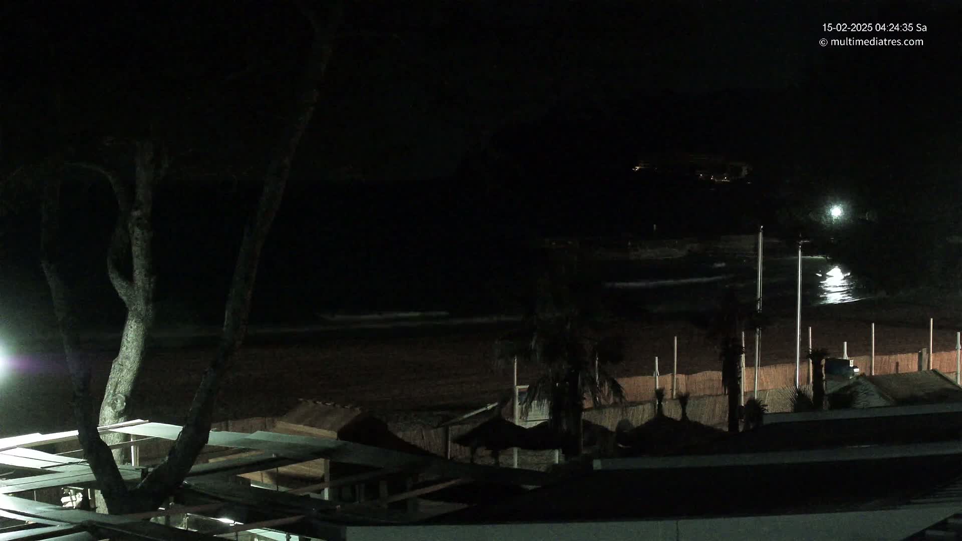 A nighttime view of a dark beach with calm waves, a few palm trees, and beachside structures under a mostly clear sky.