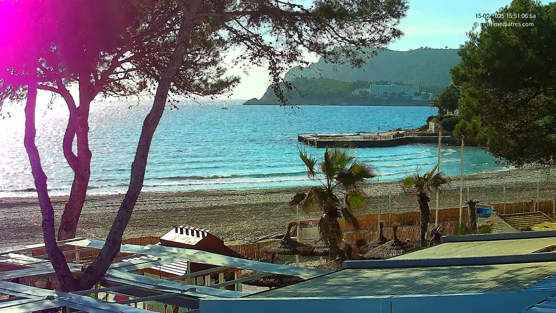 A sandy beach with calm, blue water is seen from behind several trees and beachside structures under a sunny sky.