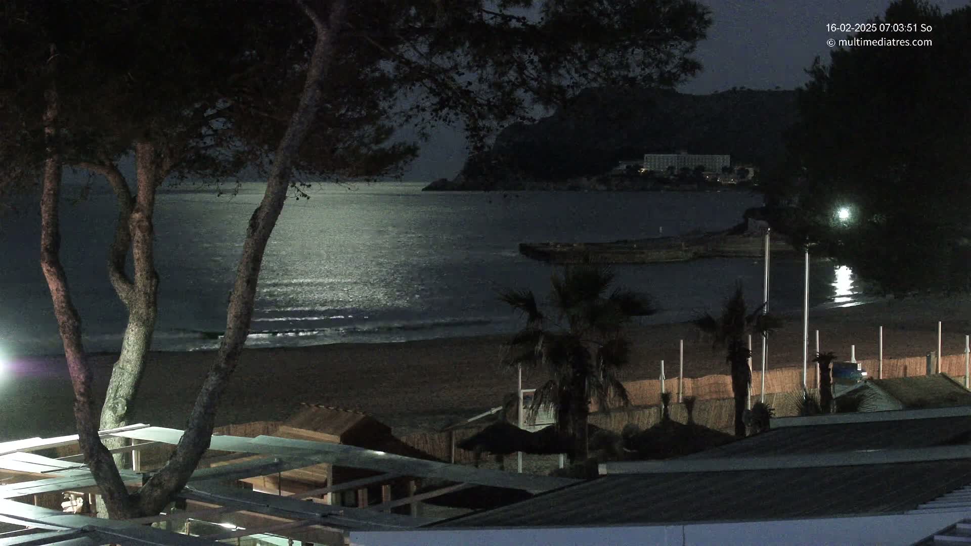 A moonlit beach at night, with a calm sea reflecting the light, is viewed from behind a row of beach huts and palm trees under a dark sky.