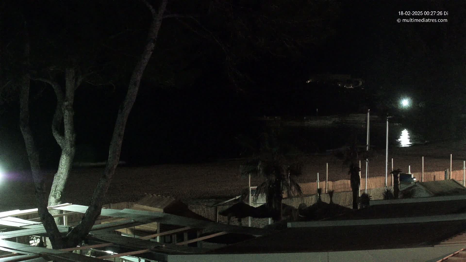 A dark, nighttime view of a beach with palm trees and beach huts, lit by a single light source, reflecting on the water.