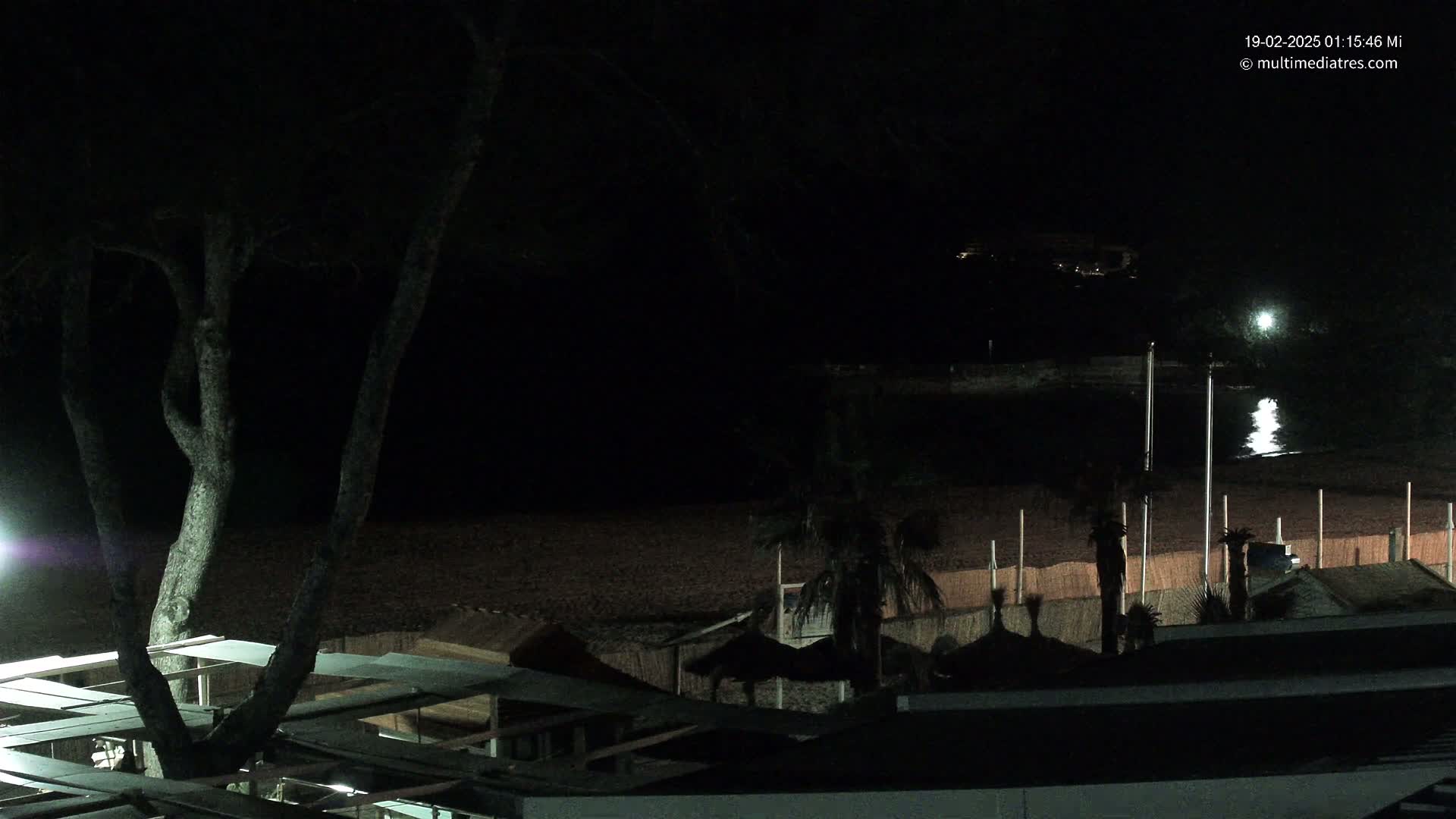 A dark, nighttime beach scene shows a sandy shore with palm trees and beach structures under a mostly clear sky.