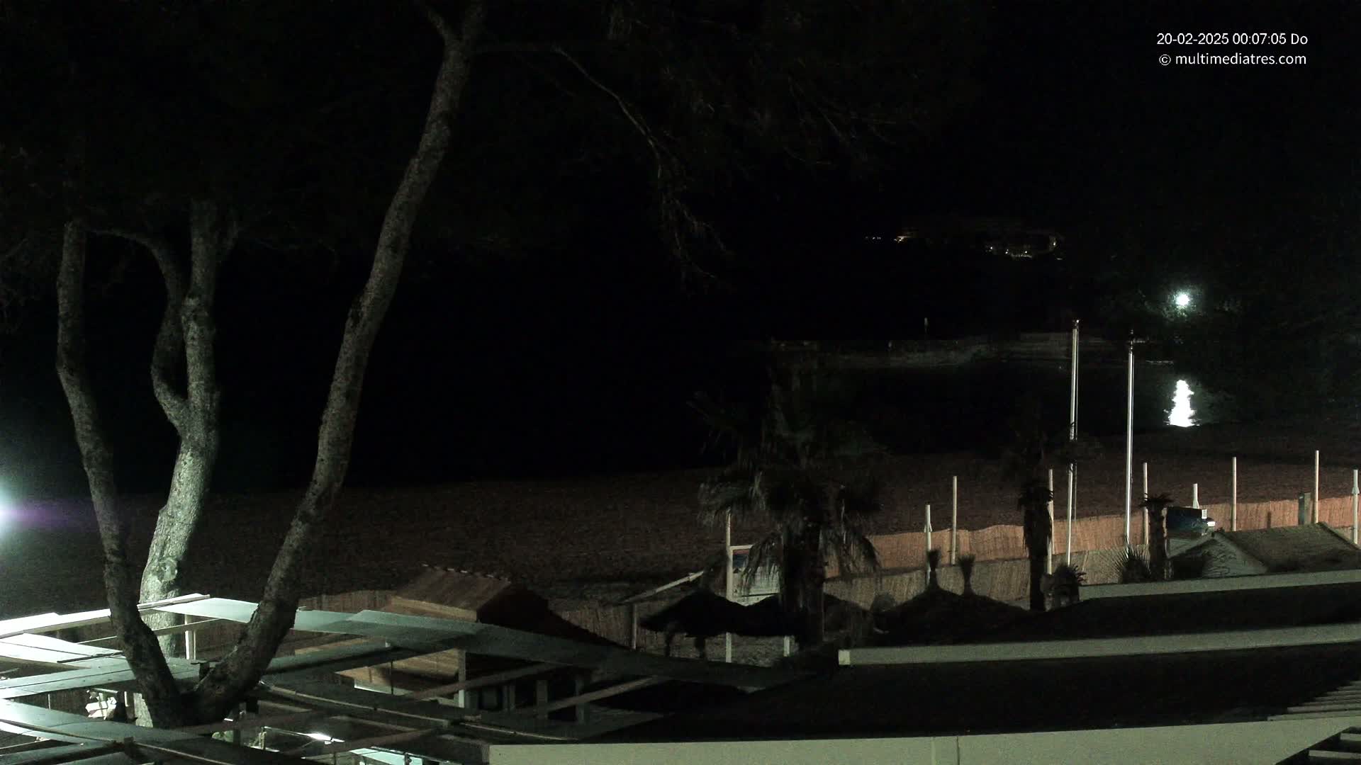A dark nighttime view of a beach with a tree in the foreground, palm trees and beach structures visible in the midground, and calm water reflecting light in the background.