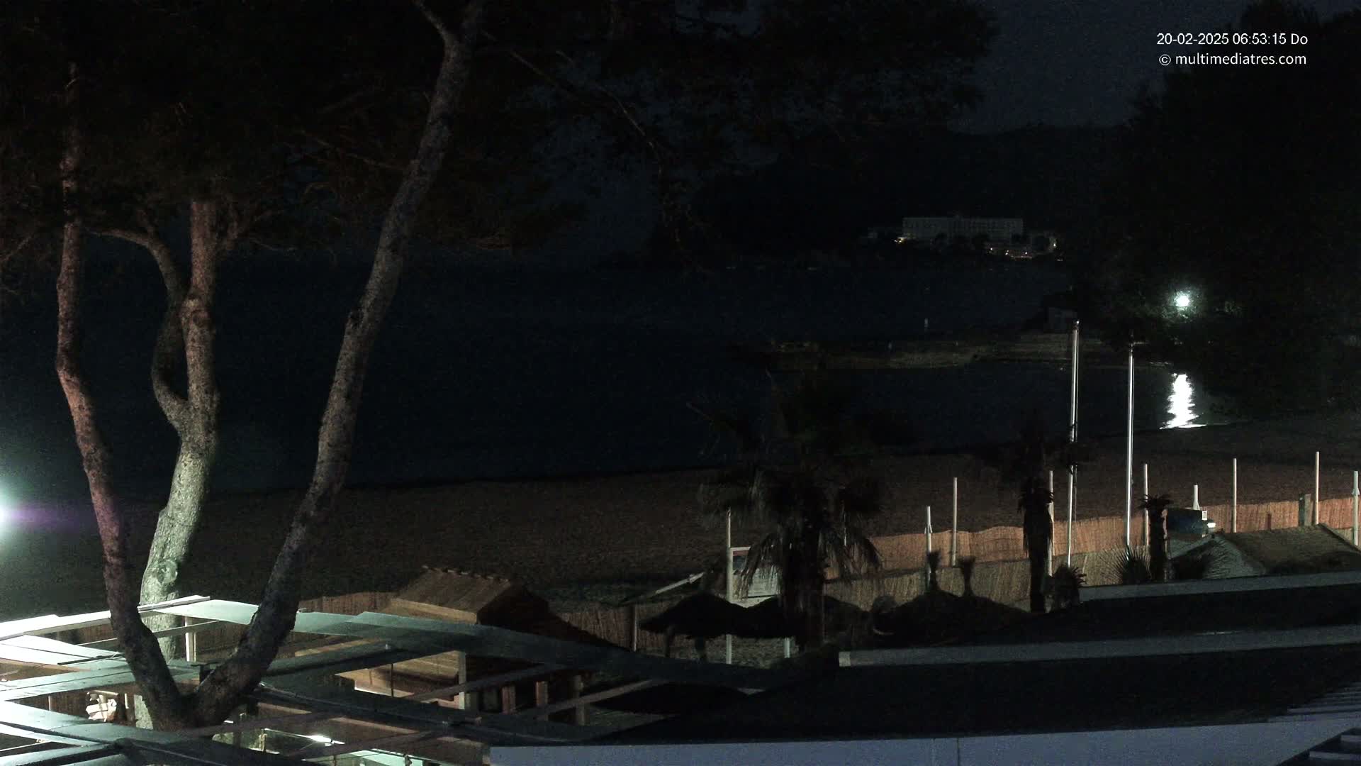 A nighttime view of a beach with calm water, palm trees, and structures under a dark sky.