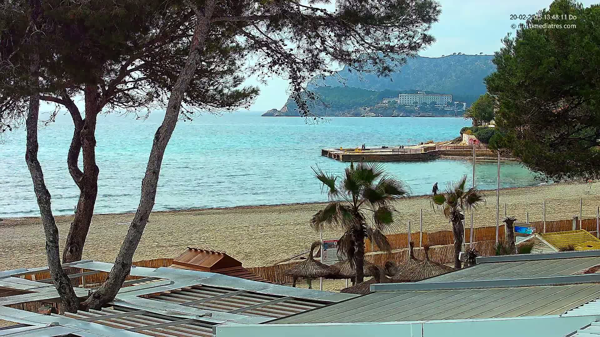 A sandy beach with calm, light-blue water is seen from behind a row of trees and beach umbrellas, with a distant hotel visible on a hillside under an overcast sky.