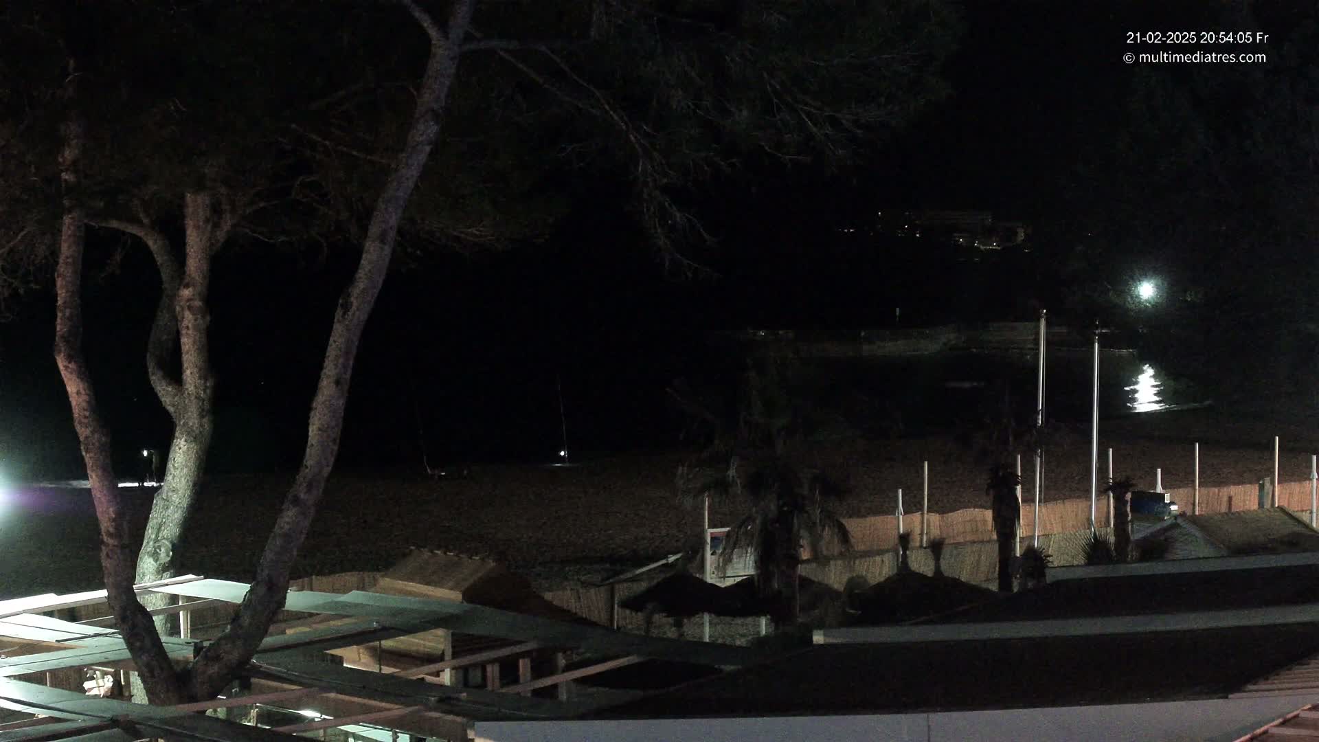 A dark, nighttime beach scene shows a tree in the foreground, with beach structures and calm water in the background under a clear sky.