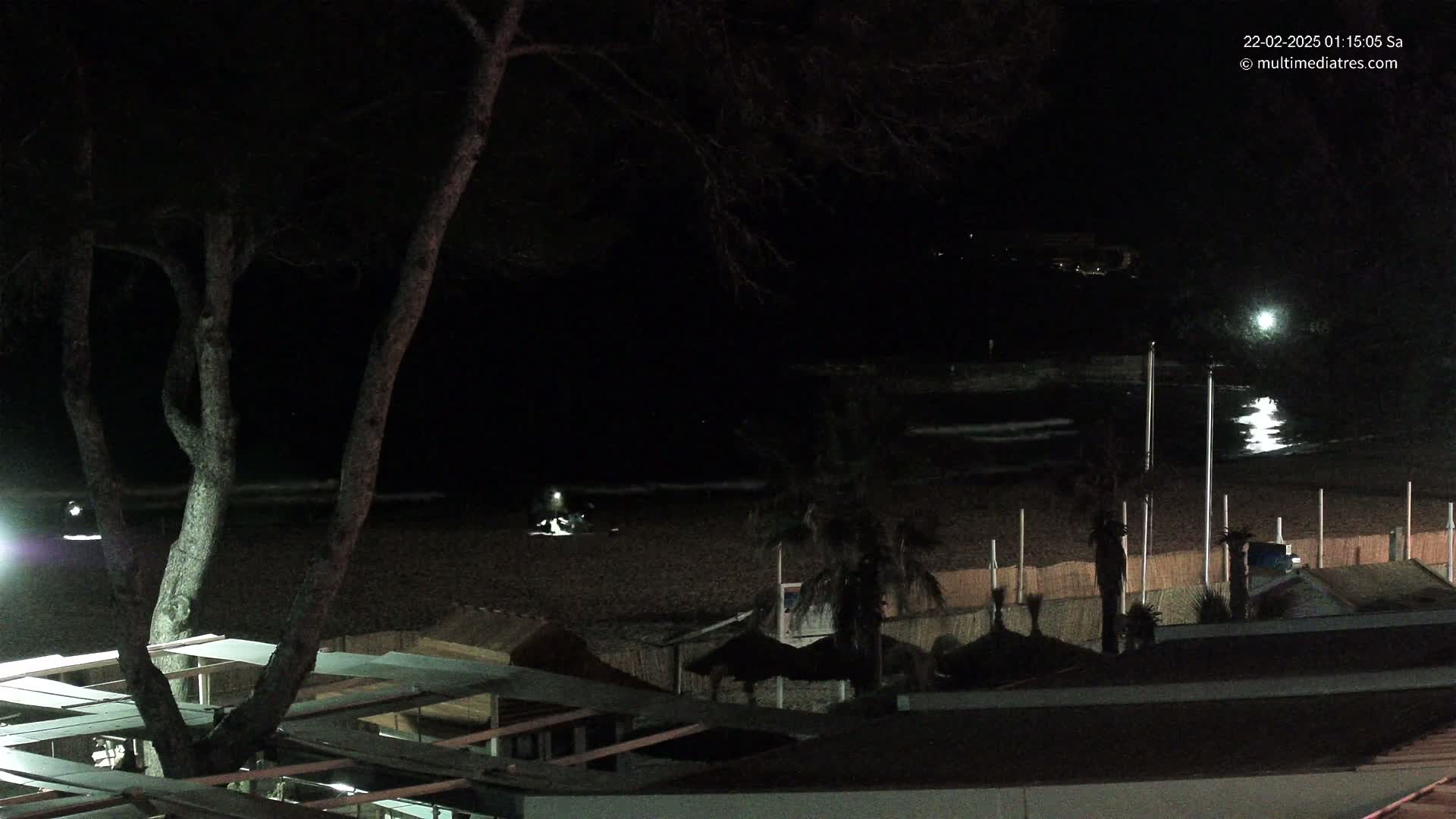 A nighttime view of a dark beach with calm water, some palm trees, and a structure with a roof overhead.