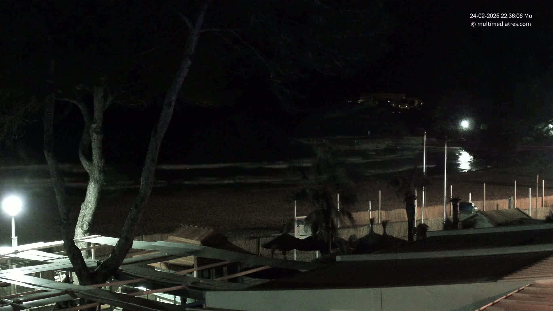 A nighttime view of a dark beach with gentle waves, palm trees, and a few structures under a mostly clear sky.