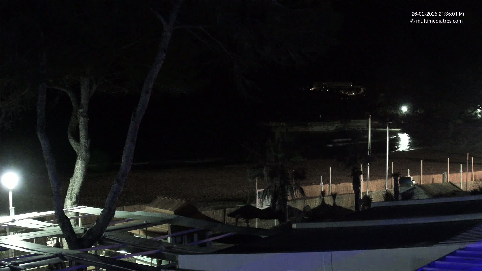 A nighttime view of a dark beach with calm water, palm trees, and beach structures under a clear sky.