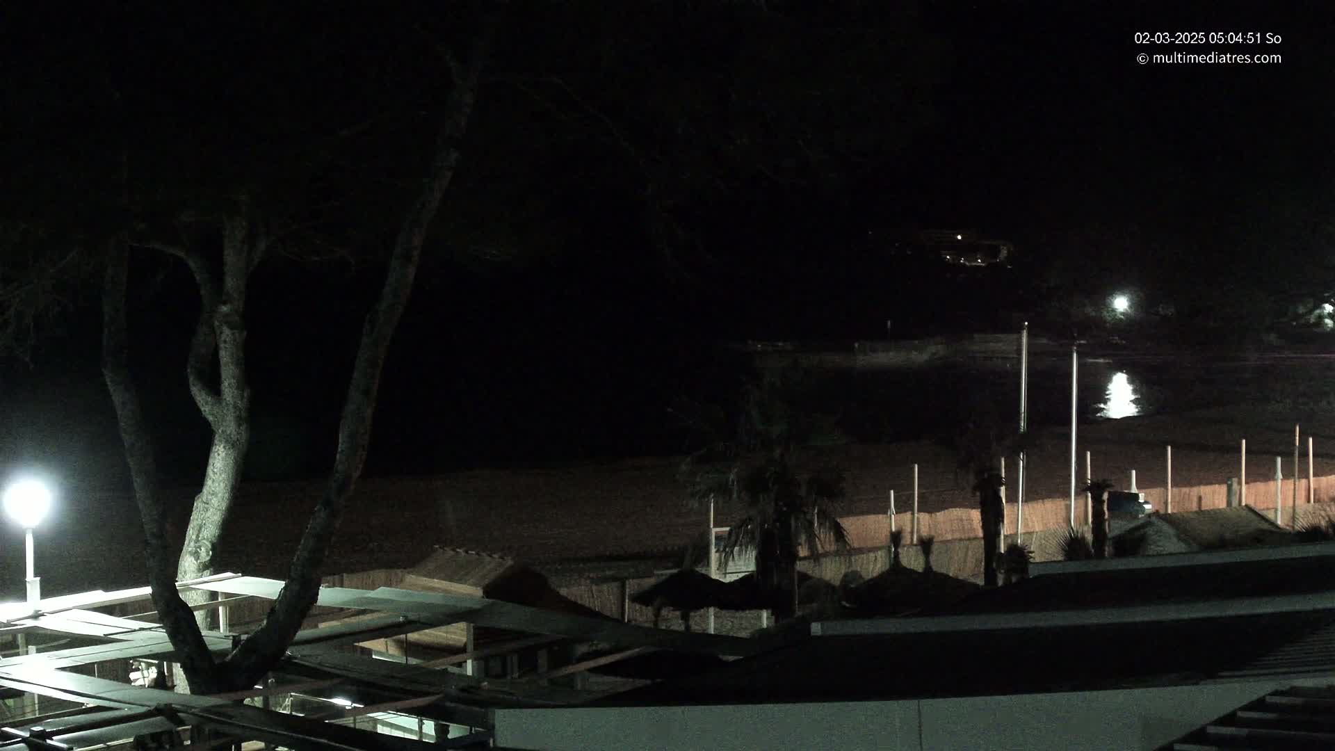 A dark, nighttime beach scene shows a tree partially illuminated by a lamp, beach structures, and calm water reflecting light.