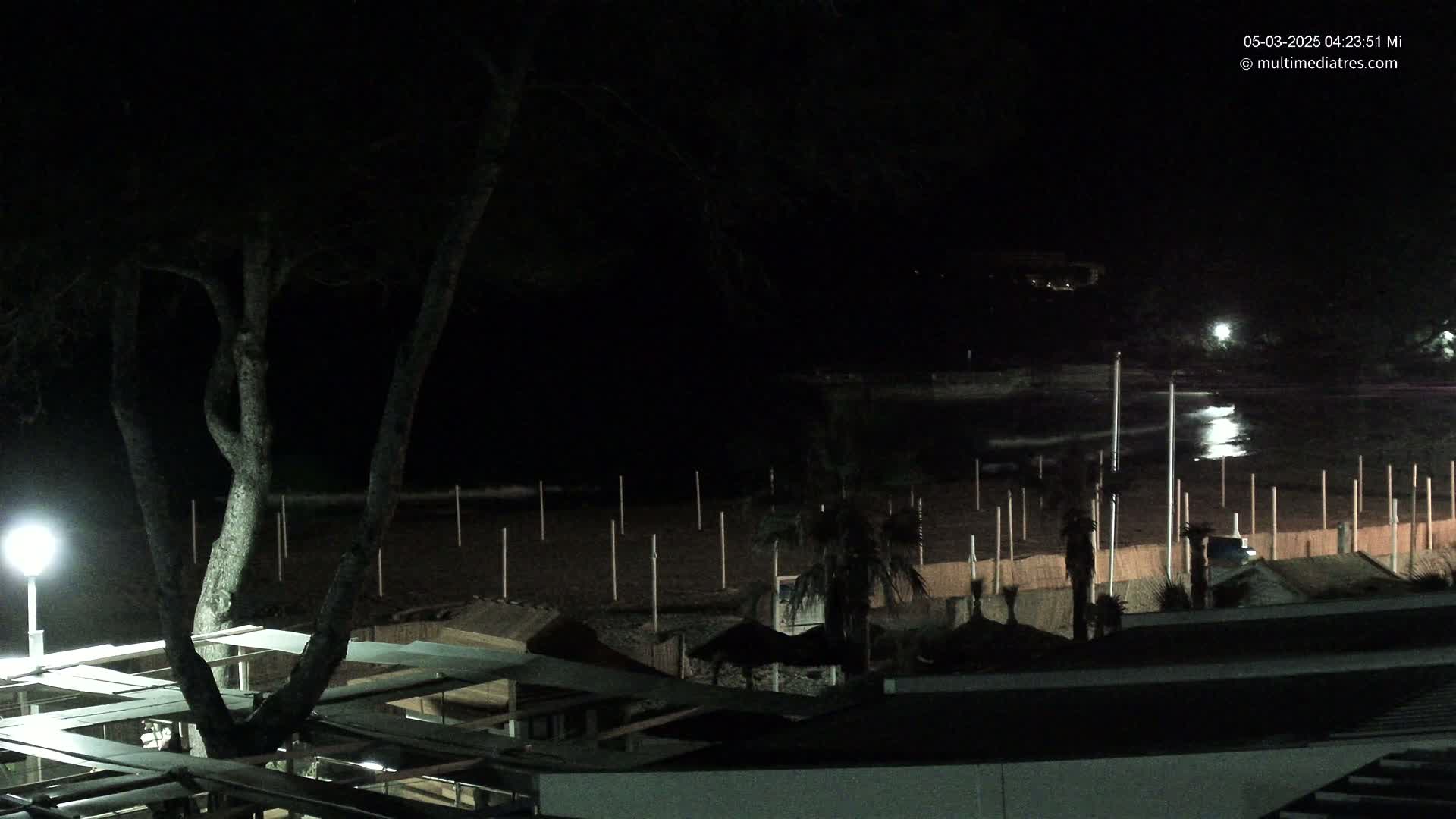 A nighttime view of a dark beach with a tree and several structures, under a clear, dark sky.