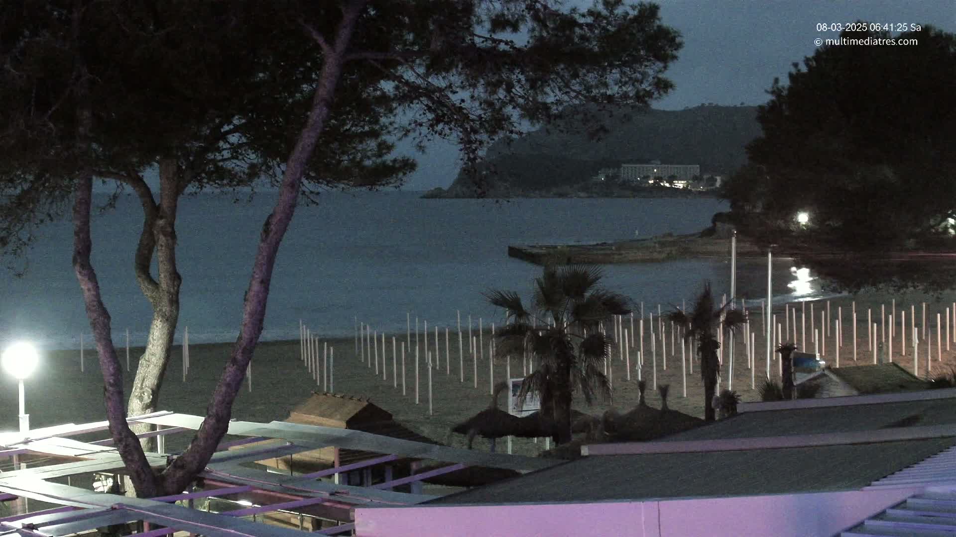 A dark, nighttime view of a beach with white posts lining the sand, palm trees, and a calm sea under a twilight sky.