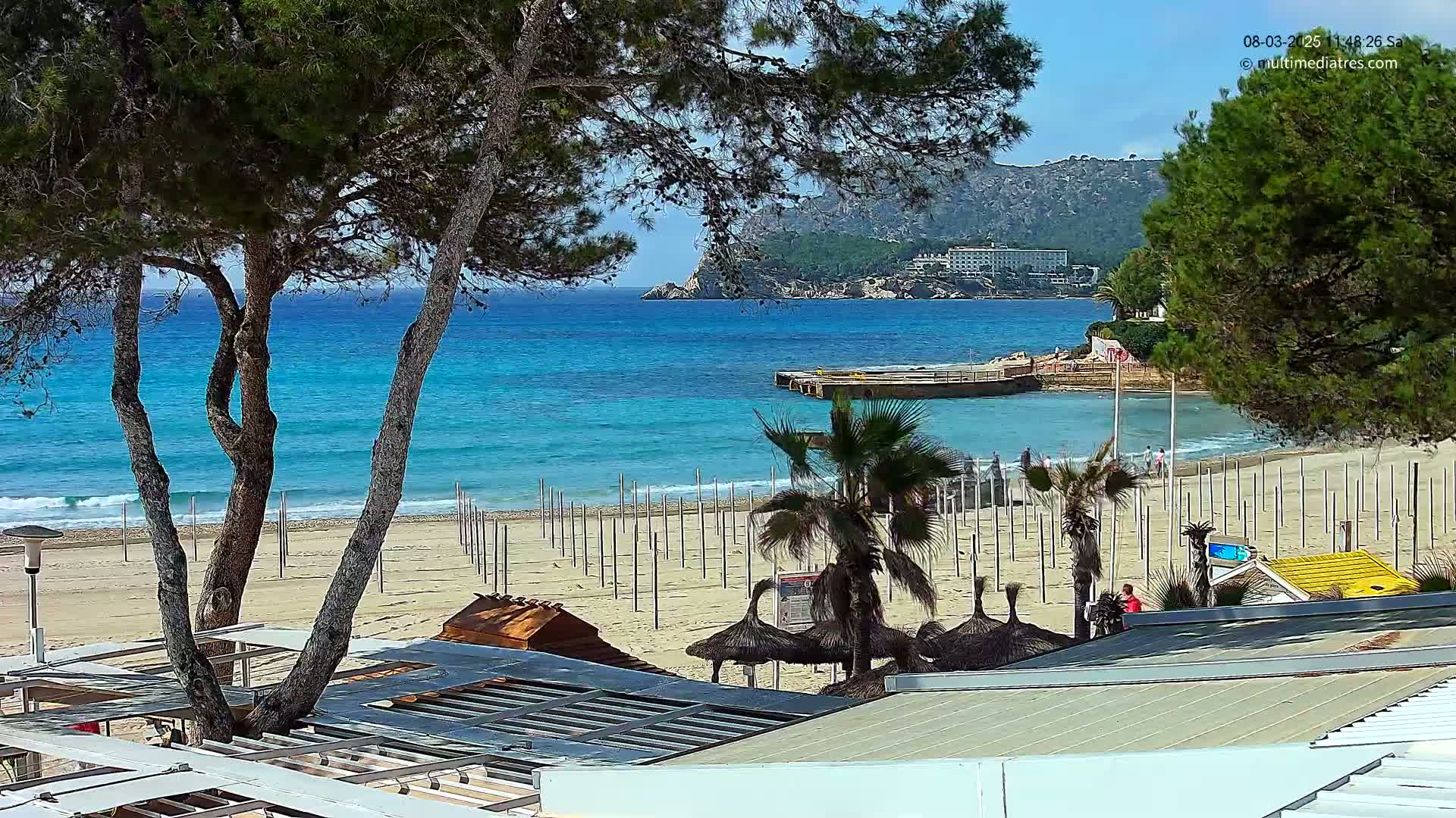 A sandy beach with calm, turquoise water and a few people is seen from behind a line of trees and beach umbrellas on a sunny day.