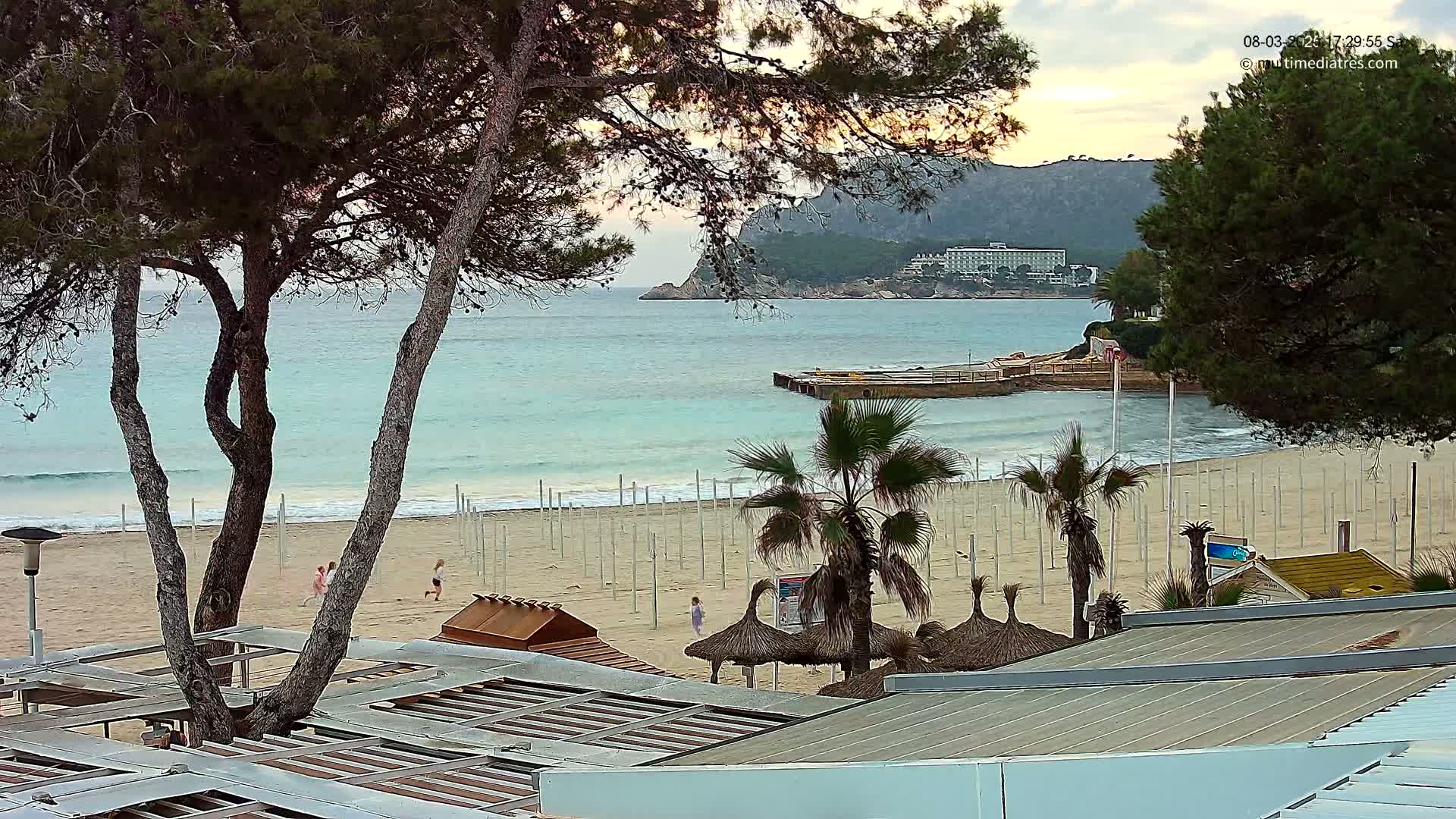 A sandy beach with calm, light-blue water is seen from behind a row of palm trees and wooden structures under an overcast sky, with a hotel visible in the distance on a hill.