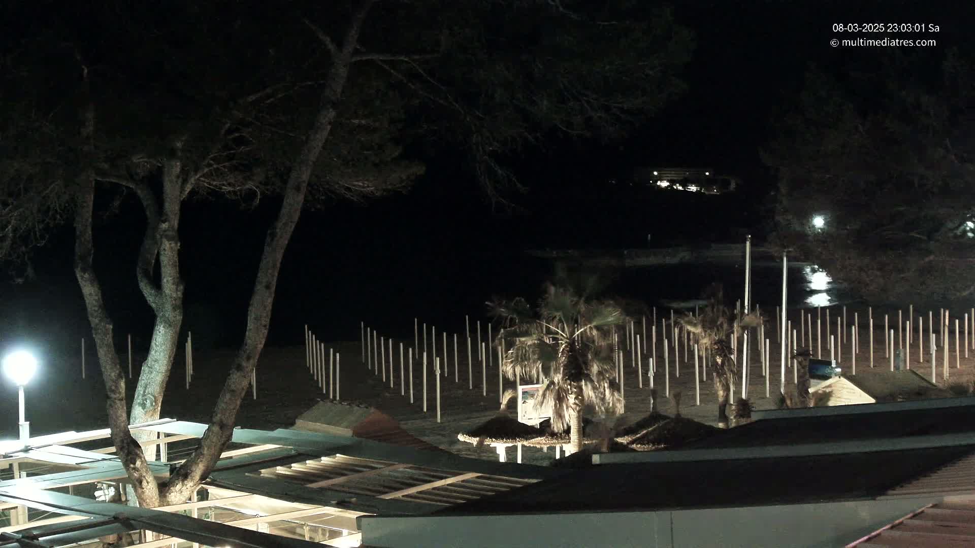 A nighttime view of a beach at night showing a sandy shoreline with numerous evenly spaced posts, palm trees, and a partially visible structure, all under a dark sky.