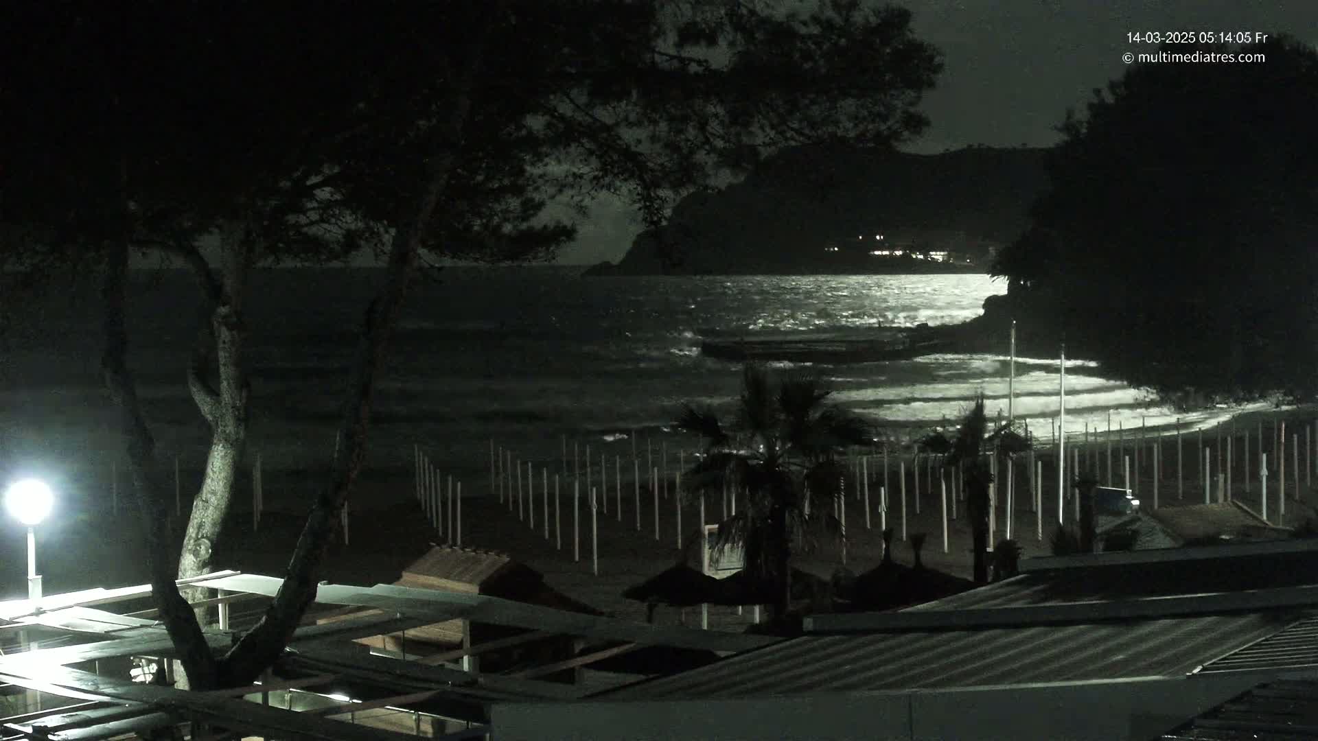 A moonlit, nighttime beach scene shows a dark, wavy sea under a partly cloudy sky, with palm trees and beach structures visible on the sand.
