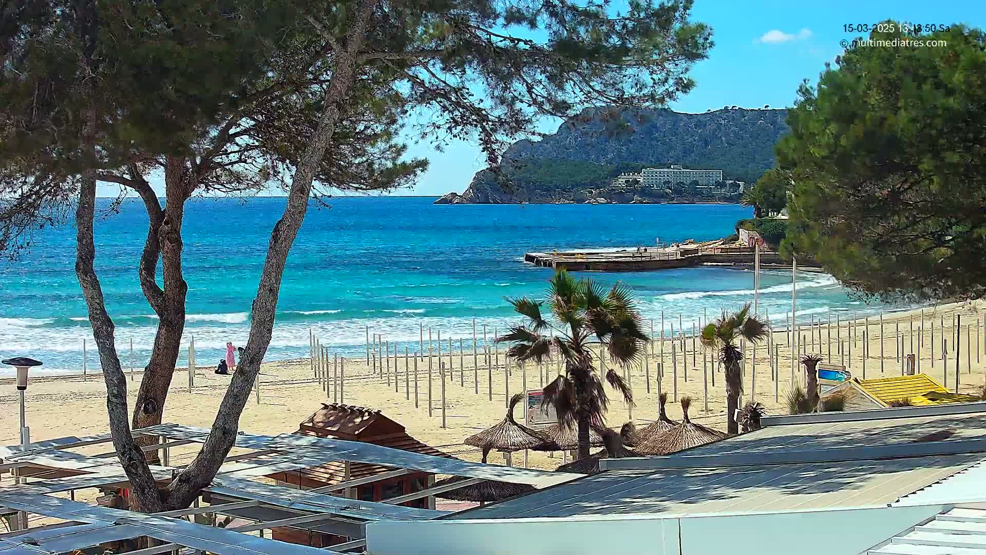 A sandy beach with turquoise water, palm trees, and beach umbrellas is seen from behind a row of trees on a sunny day, with a rocky hillside and buildings visible in the distance.