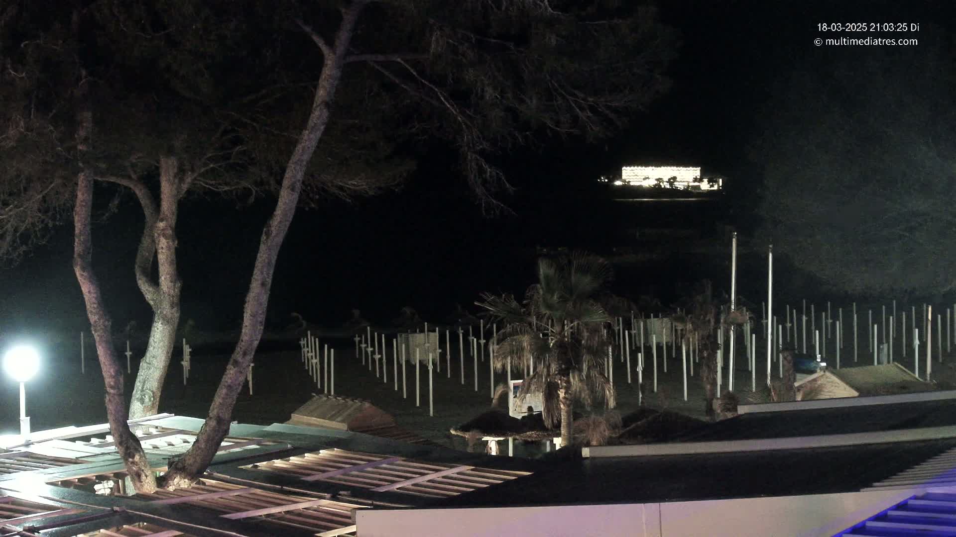 A nighttime view of a beach at night, showing dark trees, a sandy beach with tall posts, palm trees, and a building lit up in the distance.