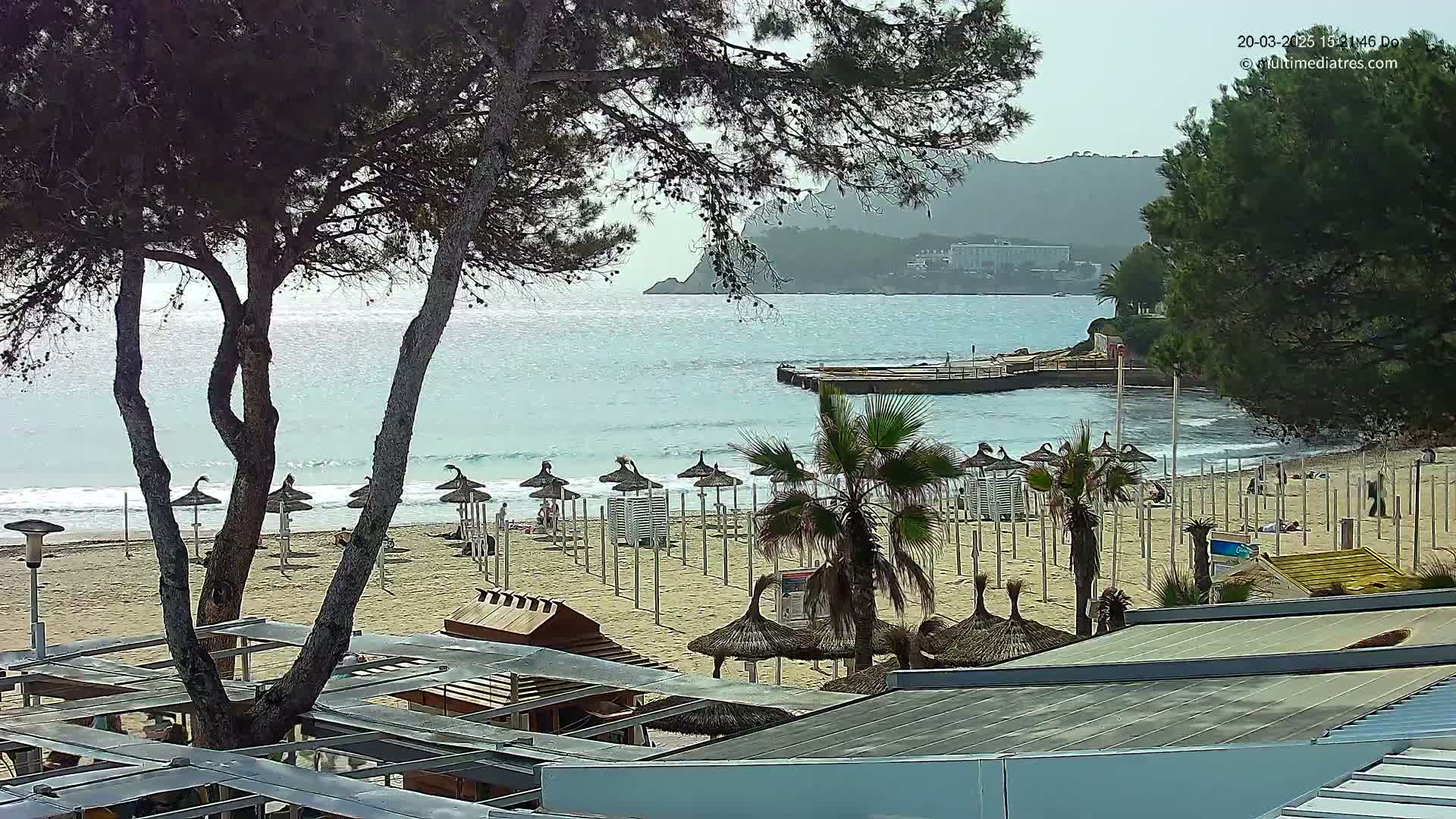 A sandy beach with numerous closed umbrellas and palm trees overlooks a calm, light-blue ocean under a mostly clear sky, with a rocky hill visible in the background.