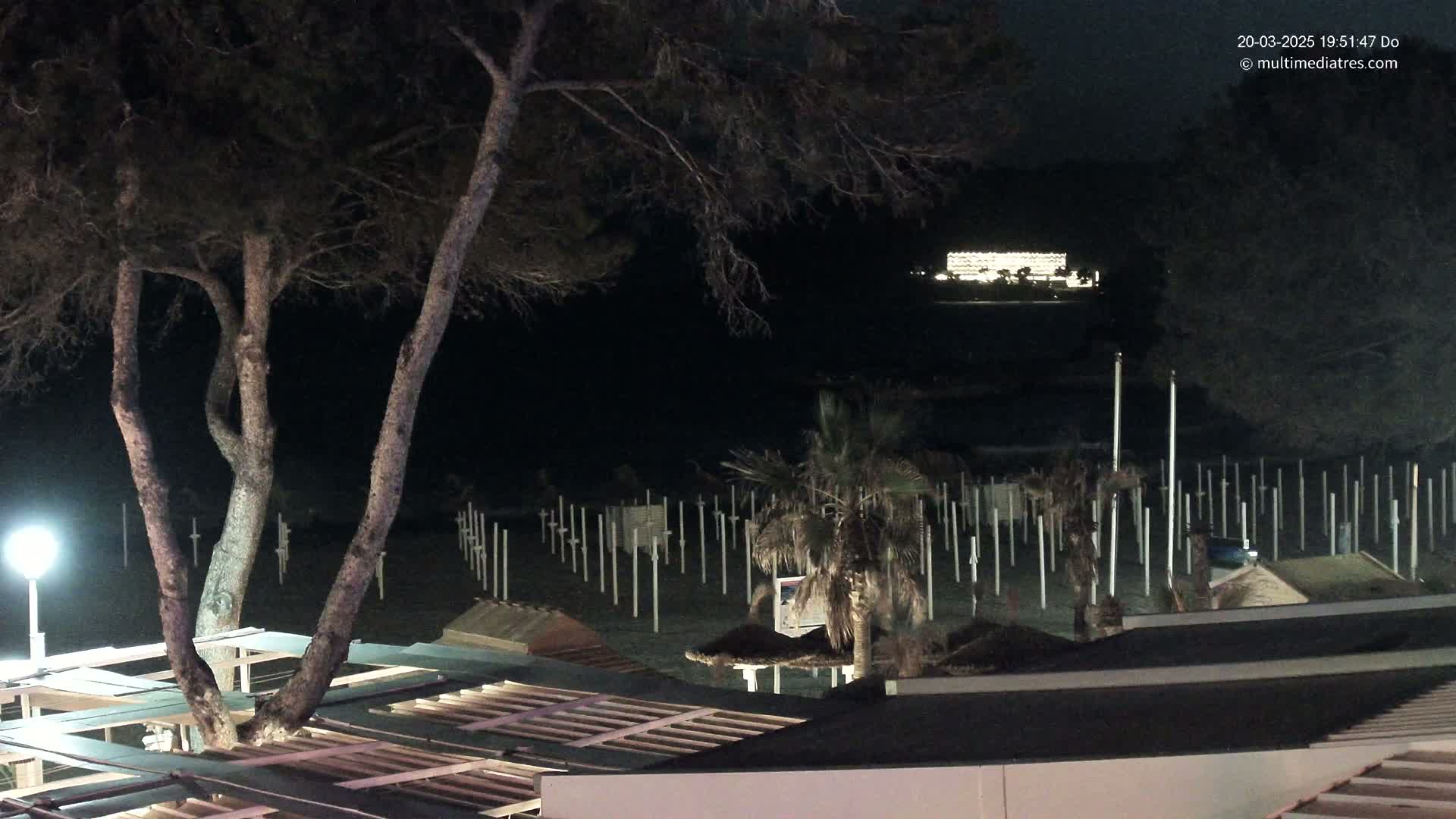 A nighttime view of a beach with rows of beach umbrella poles, palm trees, and a large building faintly lit in the distance under a dark sky.