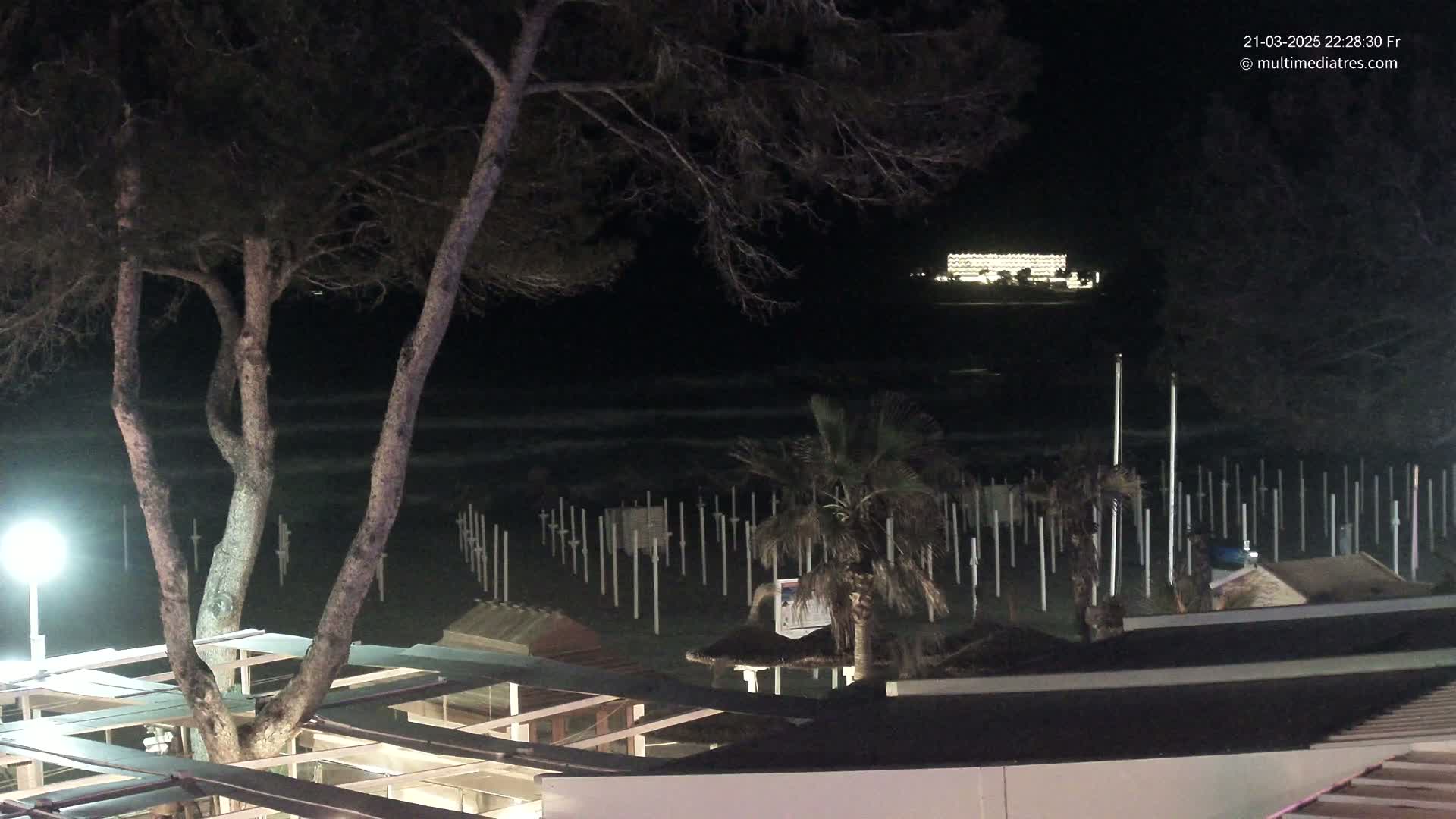 A nighttime beach scene shows a dark ocean with waves, a row of beach markers, a few palm trees, and a brightly lit building in the distance under a clear, dark sky.