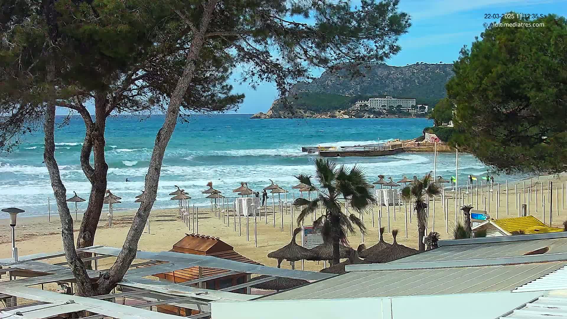 A sandy beach with numerous umbrellas and palm trees is seen, with a turquoise ocean with small waves crashing on the shore and a hill in the background under a mostly clear sky.