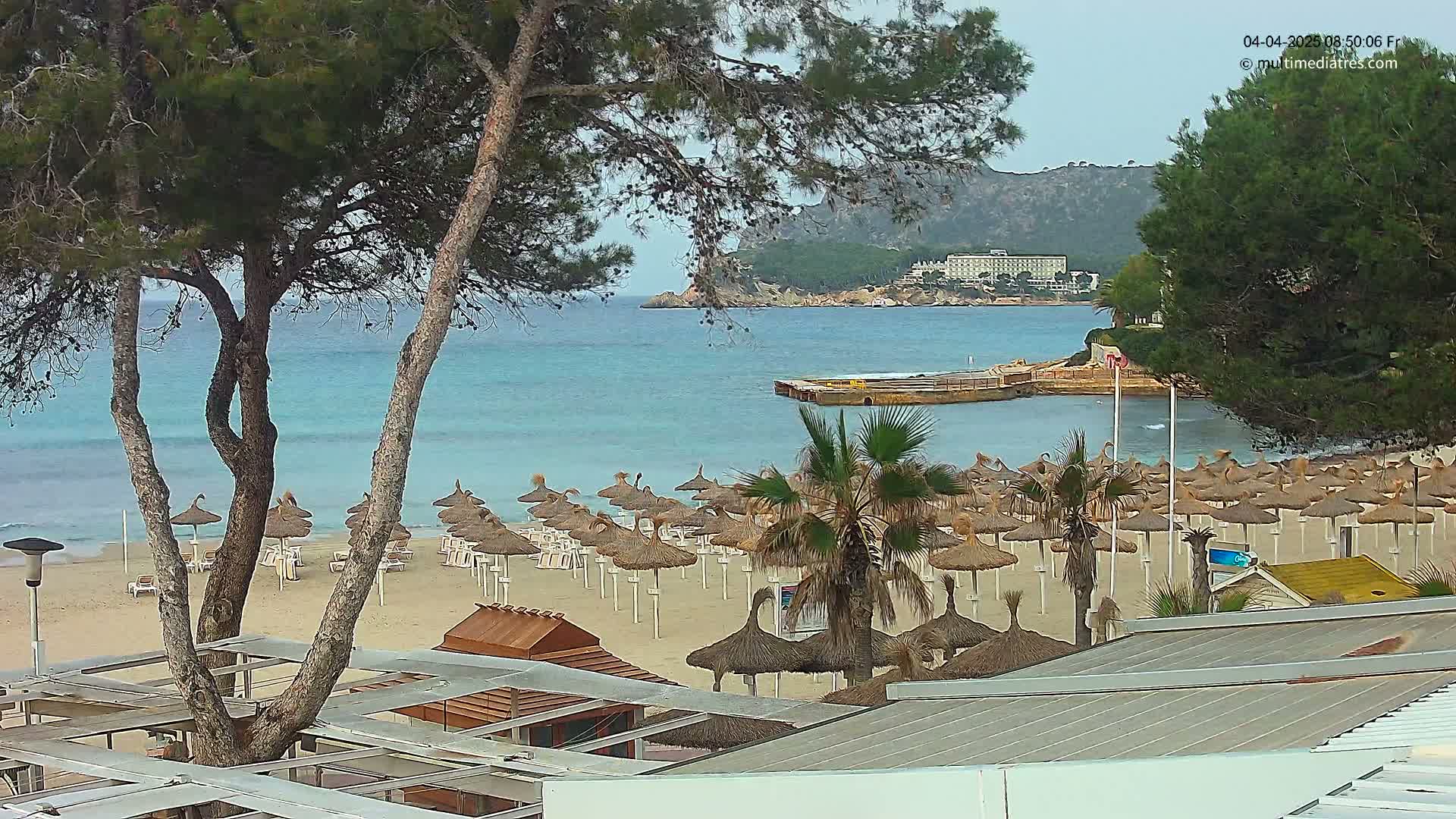 A sandy beach with numerous straw umbrellas and palm trees overlooks a calm, light blue sea under an overcast sky, with a distant shoreline and buildings visible.