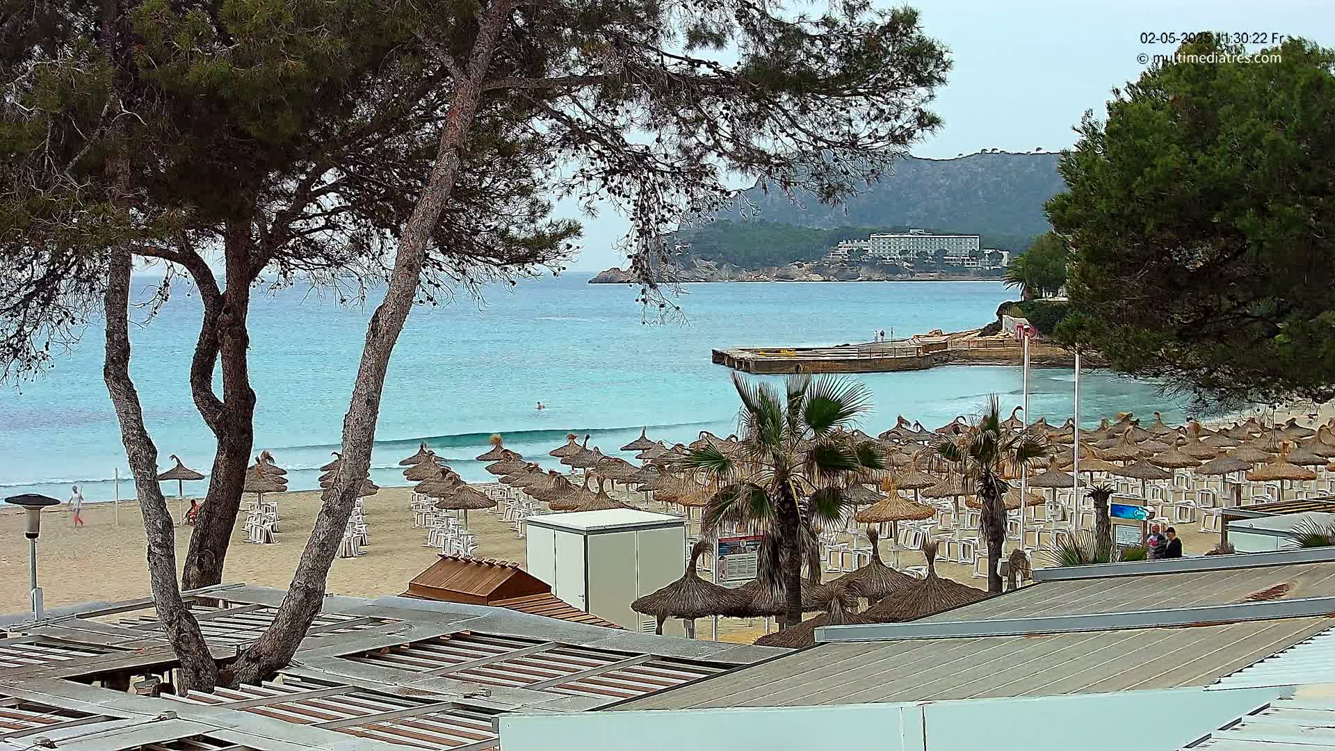 A sandy beach with numerous thatched umbrellas and palm trees overlooks a calm, turquoise ocean under an overcast sky.