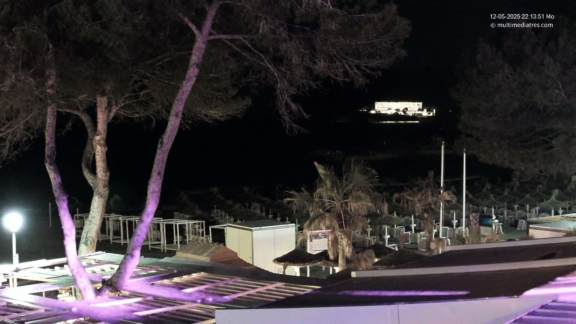 A nighttime view of a beach with closed umbrellas and palm trees, illuminated structures, and a brightly lit building visible in the distance.