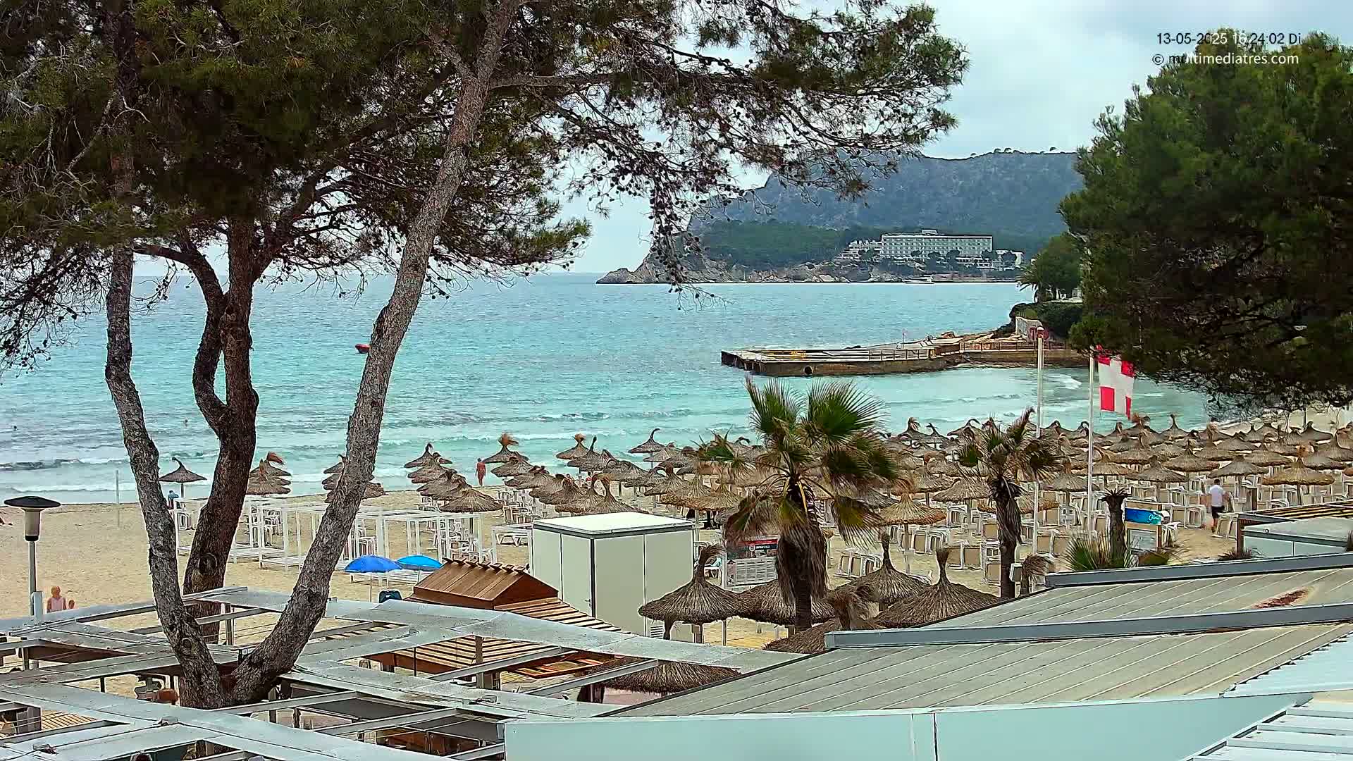 A sandy beach with numerous straw umbrellas, palm trees, and a calm, turquoise ocean under an overcast sky, backed by a mountainous landscape.