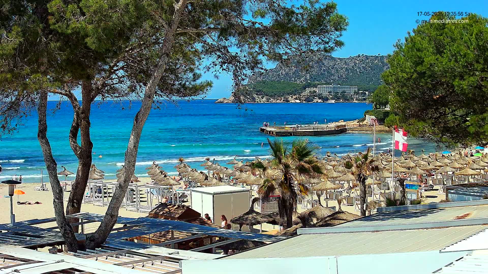 A sunny beach scene shows a sandy shore lined with numerous straw umbrellas, palm trees, and beach structures, all overlooking a clear turquoise ocean under a bright blue sky.