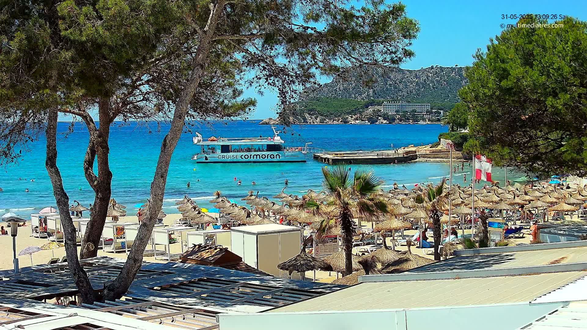 A sunny beach scene shows numerous thatched umbrellas lining a sandy shore, with a boat in the turquoise water and pine trees framing the view.