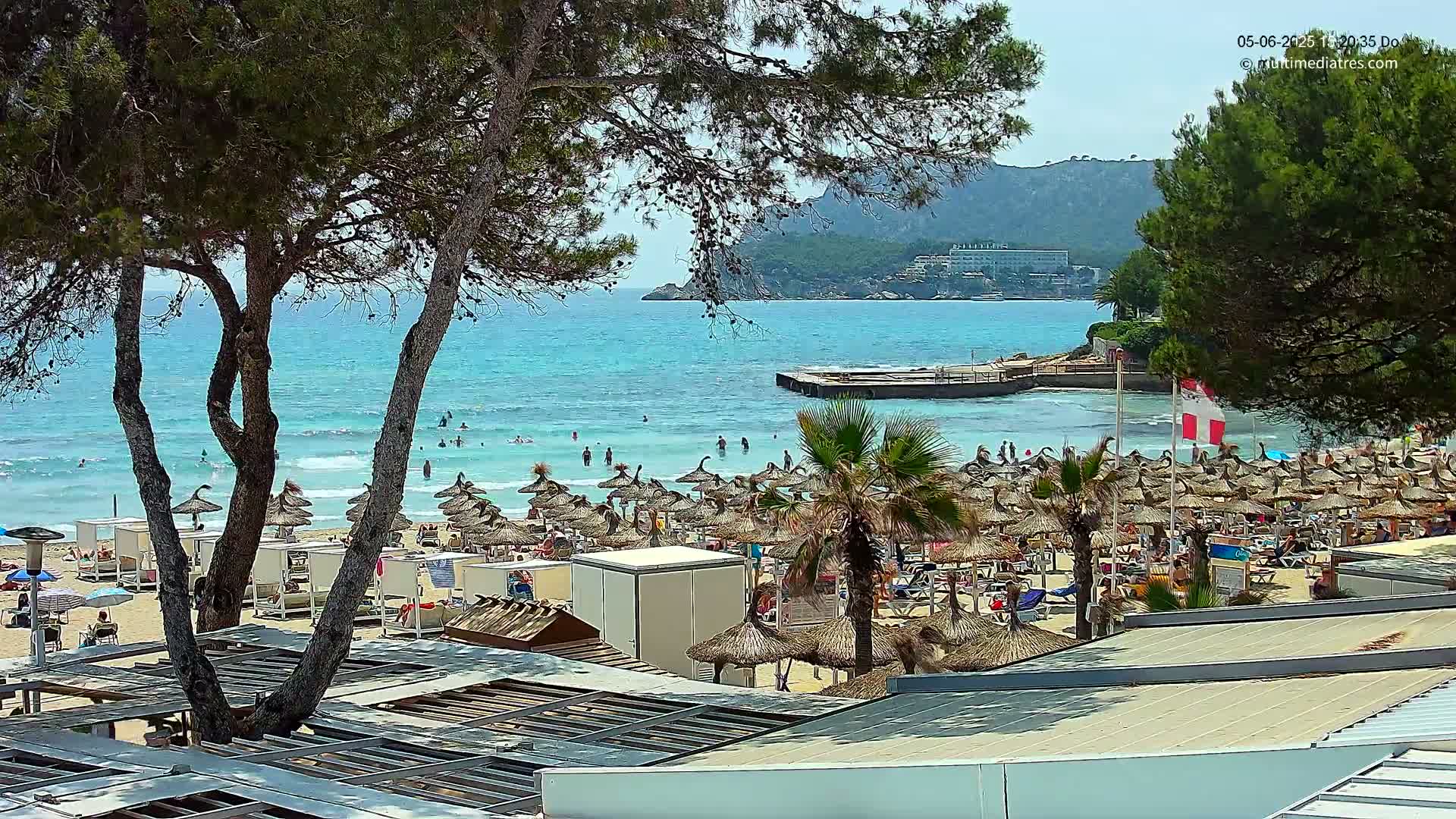 A sunny beach scene shows a tranquil turquoise ocean with many people swimming and sunbathing under numerous thatched umbrellas, partially obscured by trees.