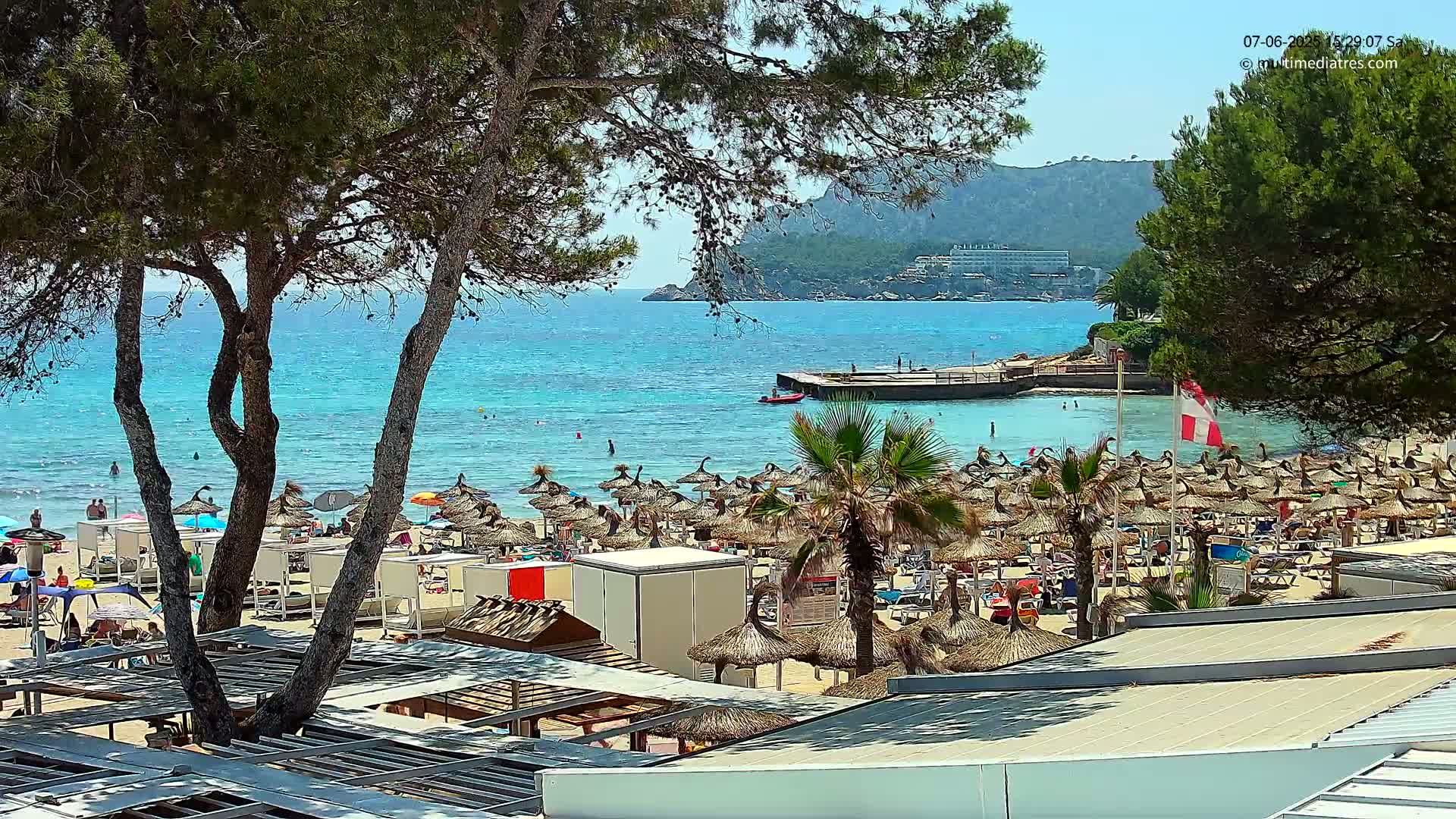 A sunny beach scene shows a calm turquoise ocean, numerous thatched umbrellas lining the sand, and several palm trees interspersed among the beachgoers and structures.