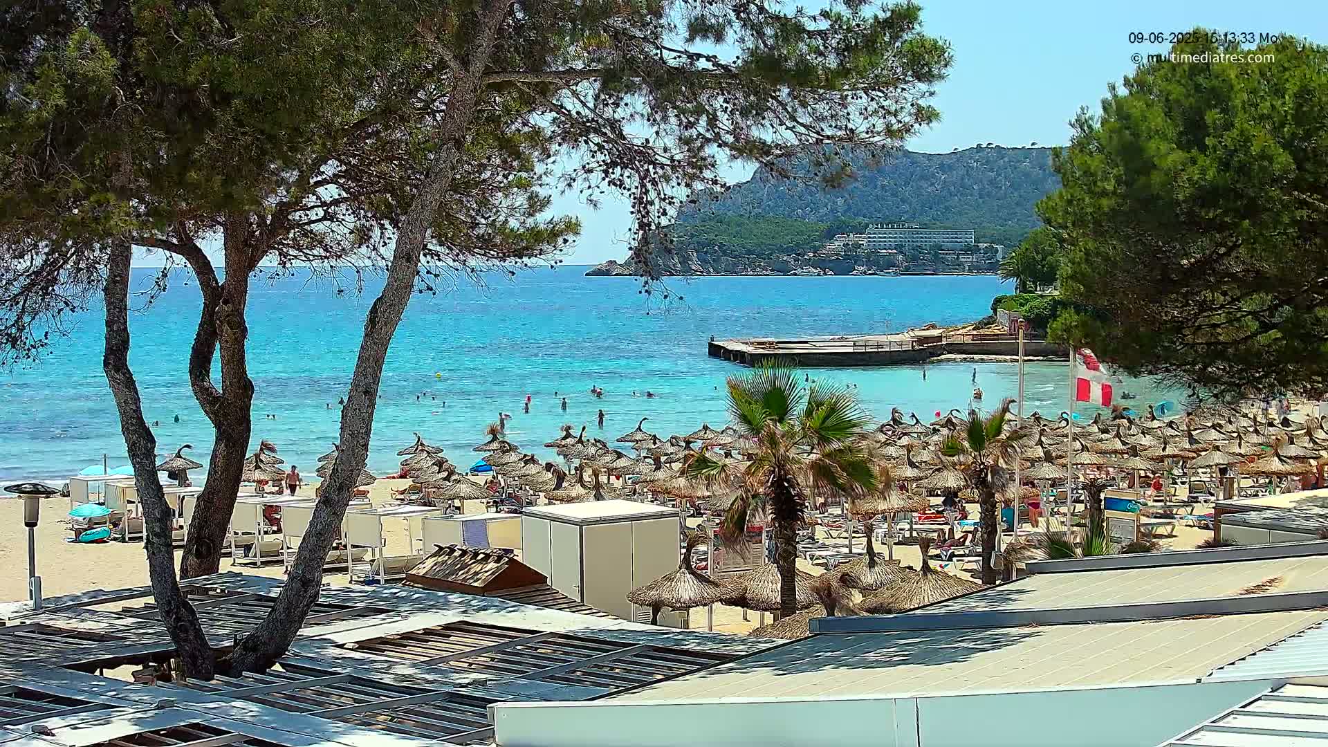 A sunny beach scene shows a sandy shore lined with numerous straw umbrellas,  palm trees, and beach structures, all overlooking a calm, turquoise sea and a distant hillside.