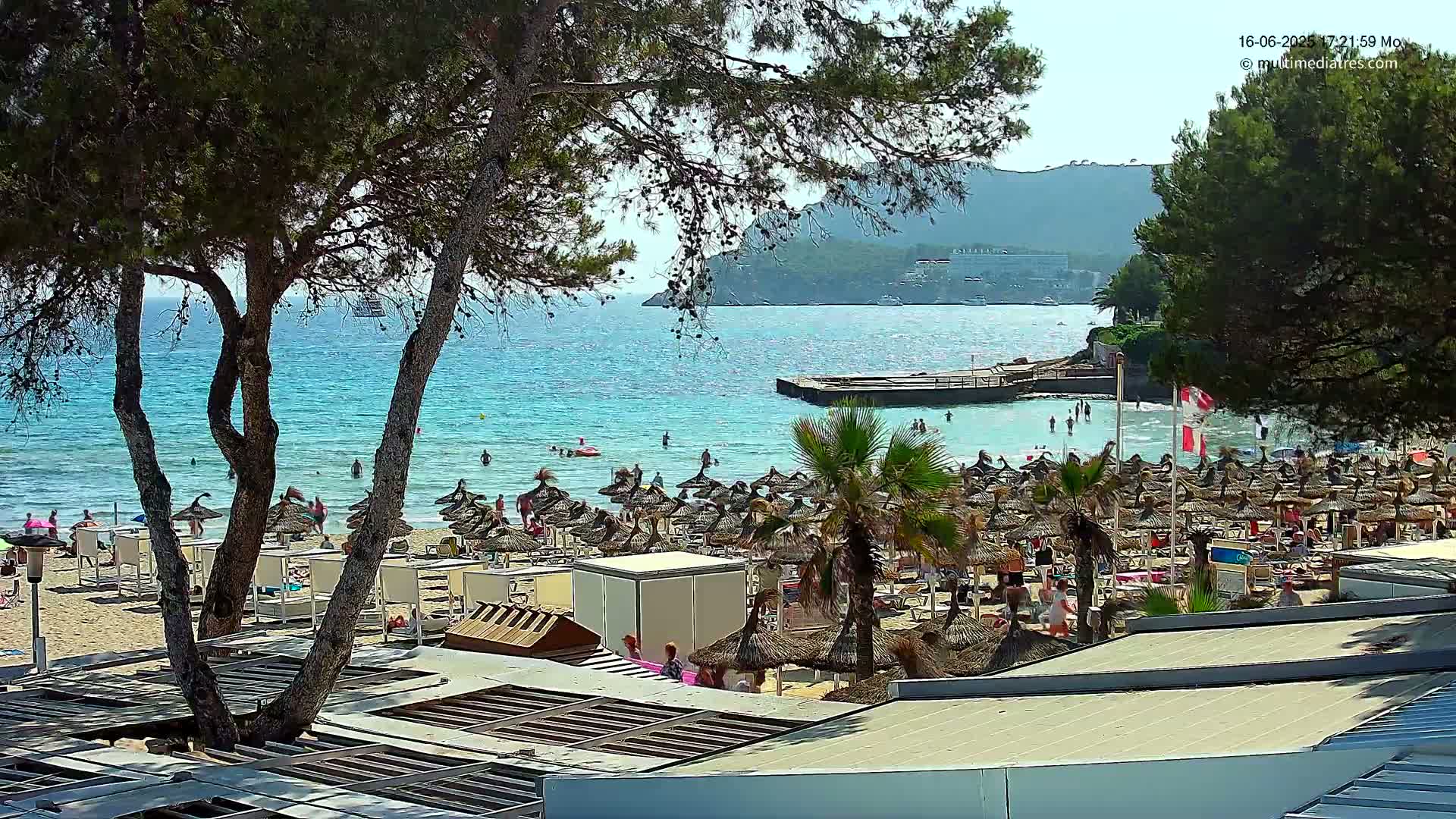 A sunny beach scene shows a sandy shore dotted with numerous thatched umbrellas and sunbathers, a calm turquoise sea with swimmers, and a background of trees and distant hills.