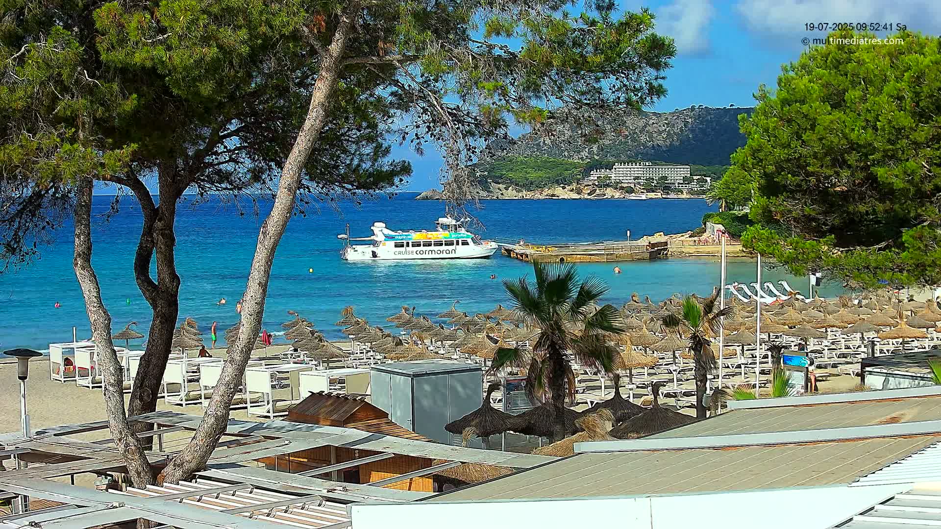 A sunny beach with numerous thatched umbrellas and lounge chairs, a boat in the turquoise water, and pine trees in the foreground.