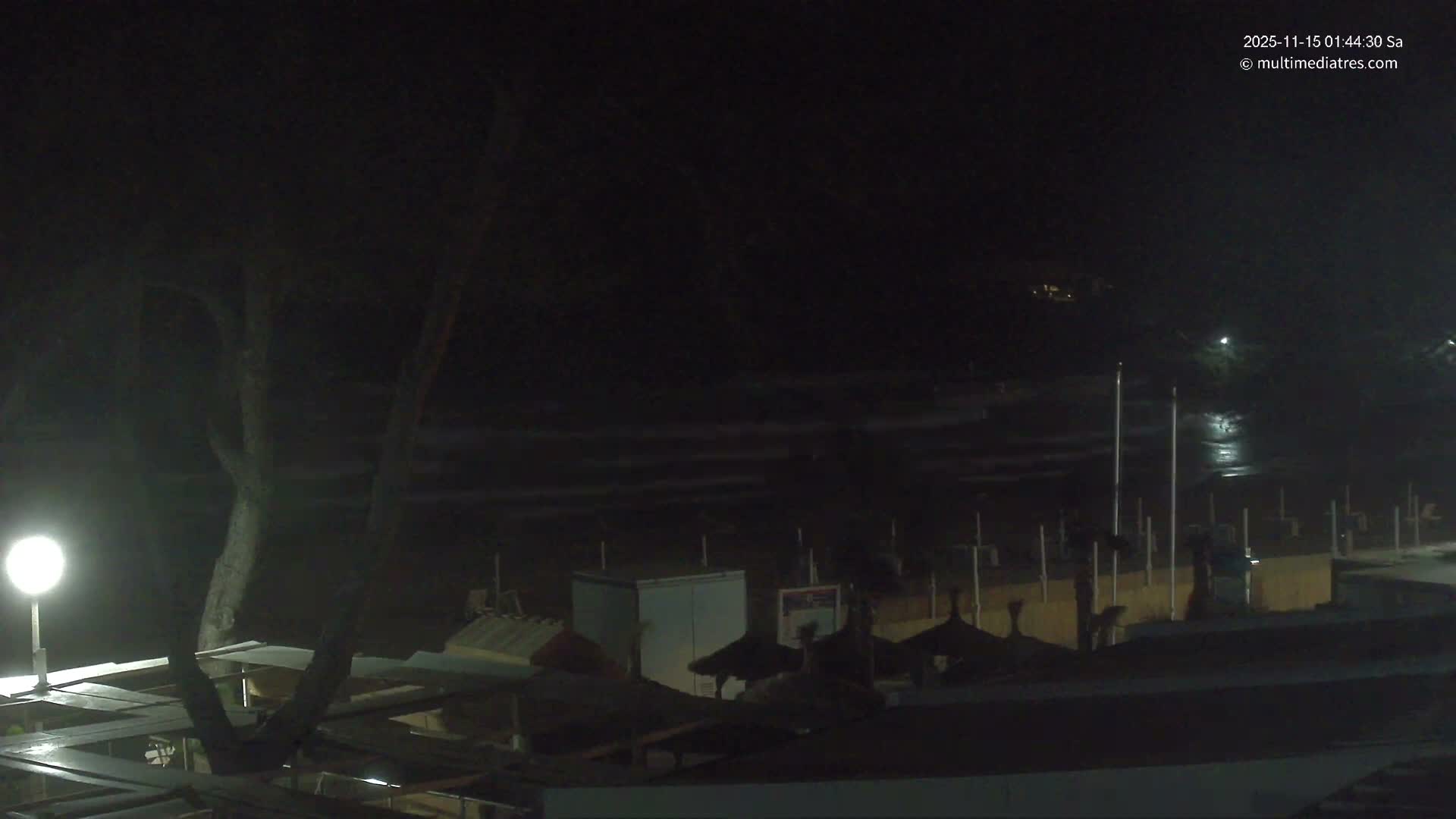 A dark, clear night scene reveals a beach area with visible waves under distant lights, a bright streetlamp on the left, and various beach structures and tree branches in the foreground.