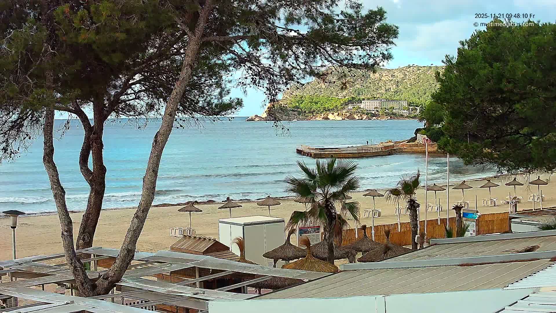 On a sunny to partly cloudy day, a tranquil beach scene displays a sandy shore dotted with straw umbrellas and empty lounge chairs, calm blue waters with a distant pier, and a forested hillside with a hotel, all framed by large pine trees and foreground palm trees.