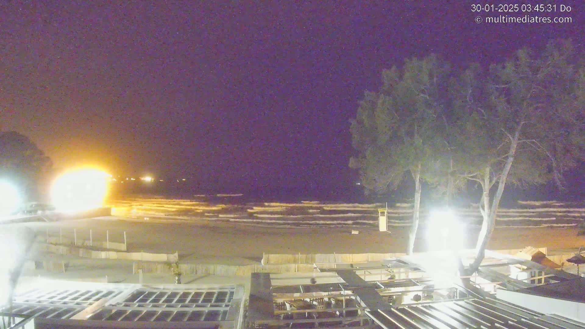 A nighttime beach scene shows gently rolling waves under a dark purple sky, illuminated by lights from a beachfront establishment and distant city lights.