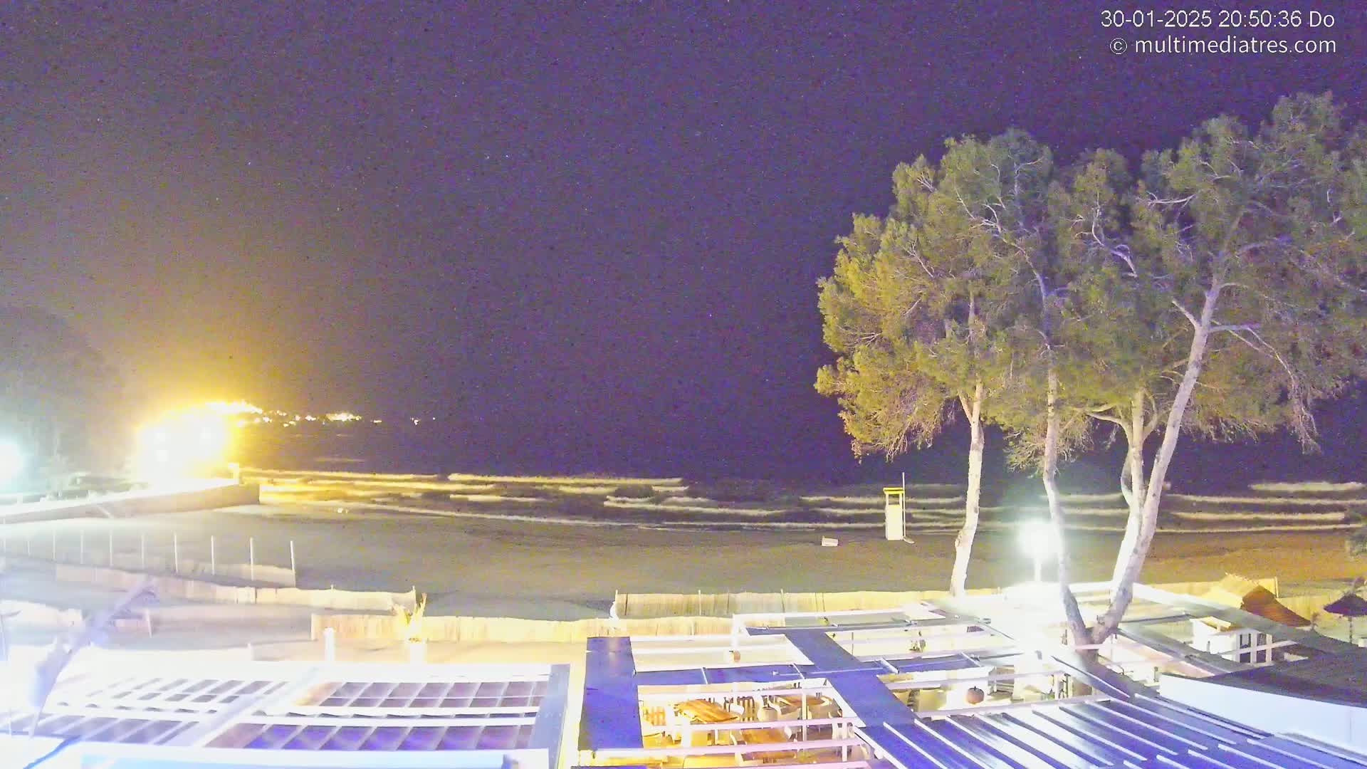 A nighttime view of a sandy beach with gentle waves under a clear, starry sky, partially obscured by a few illuminated pine trees and the roof of a building.