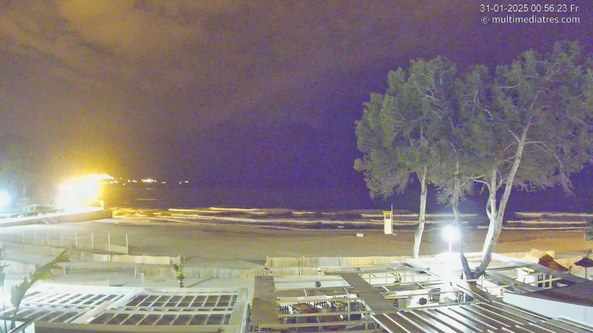 A nighttime view of a sandy beach with gentle waves, under a cloudy sky, shows a beachfront establishment with outdoor seating near two tall trees.