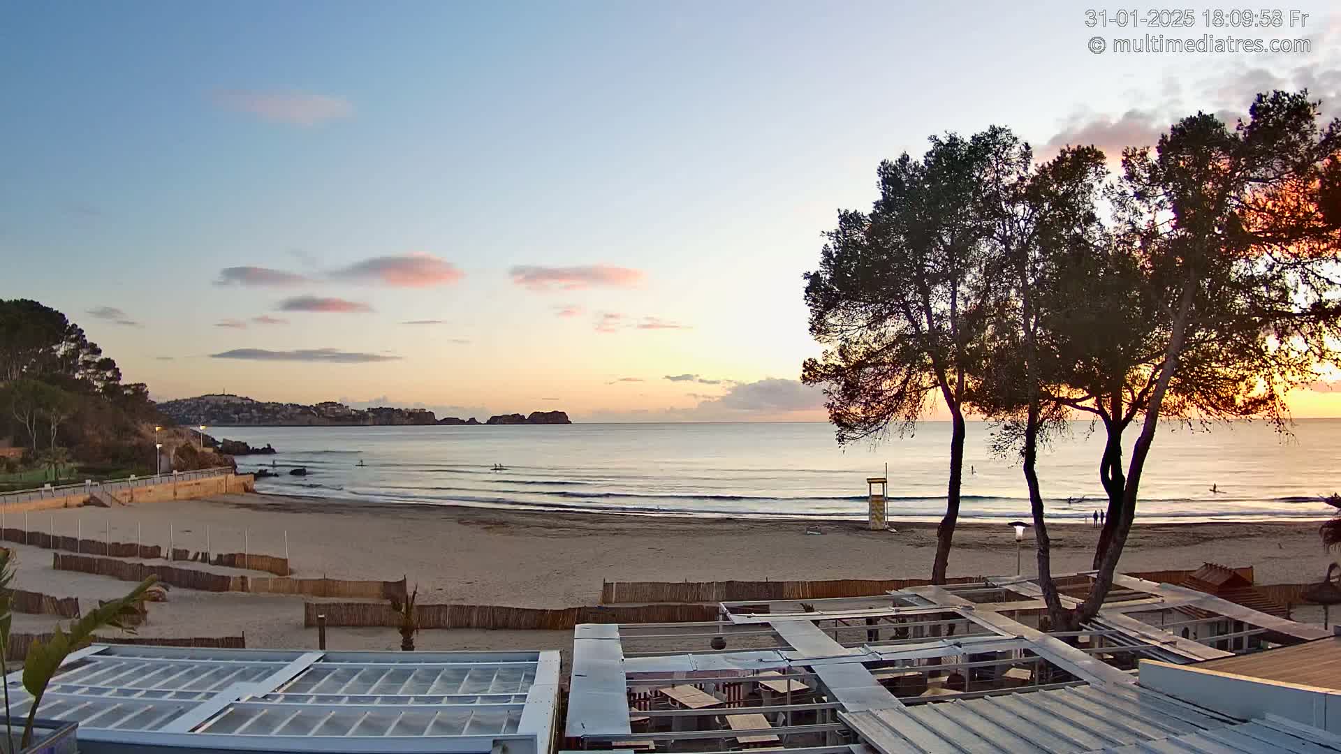A sandy beach at sunrise, with calm ocean waves, a few people in the water, and tall pine trees in the foreground.
