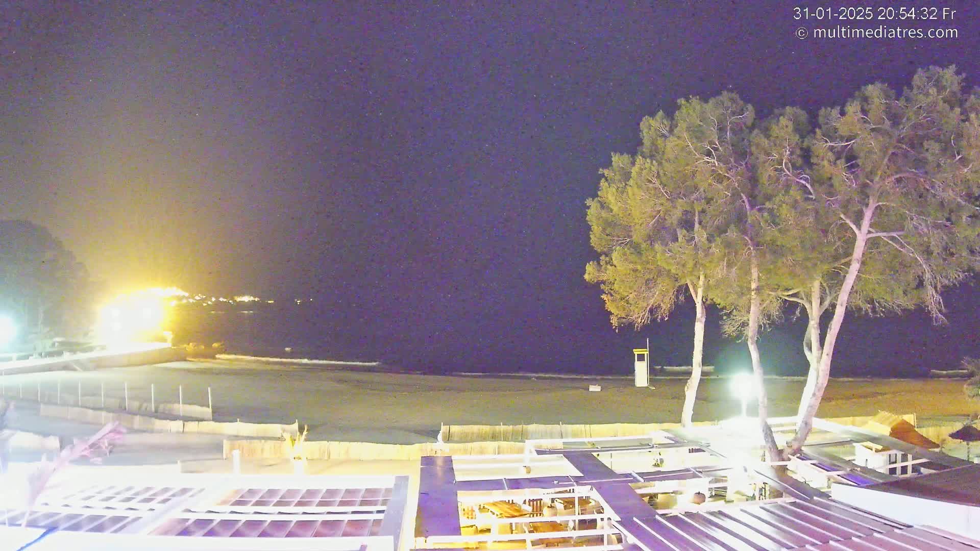A nighttime view of a sandy beach with gentle waves under a clear, starry sky, overlooked by a structure with a patio and several tall pine trees.