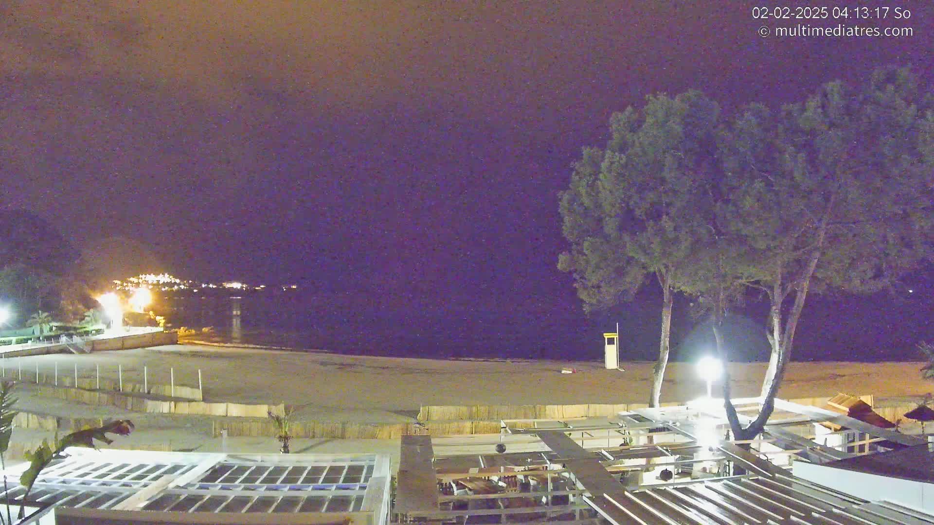 A nighttime view of a beach with two trees near a beachfront building, under a dark sky.
