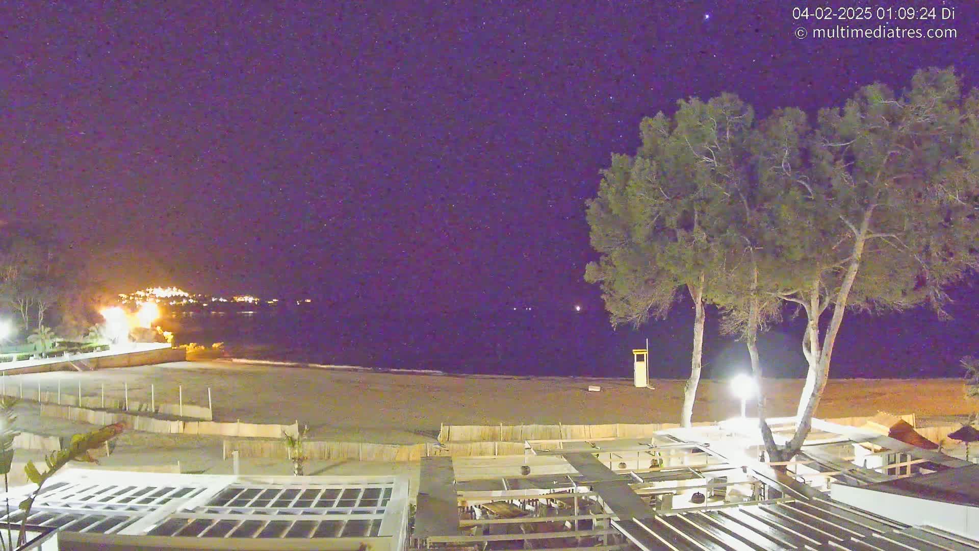 A nighttime view of a beach with a restaurant and trees under a clear, starry sky.