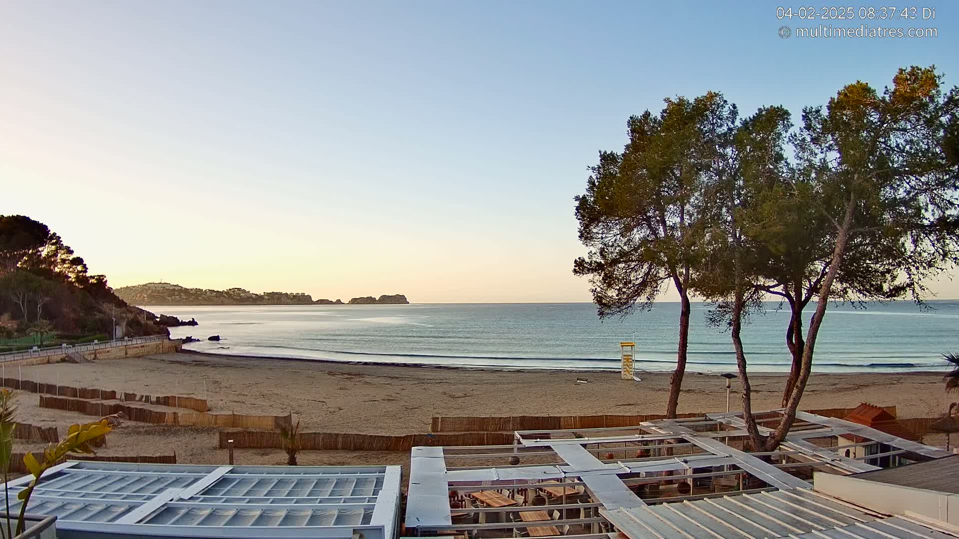 A sandy beach with calm waves under a clear, bright sky is viewed from above a beachfront patio area, with several pine trees in the foreground.