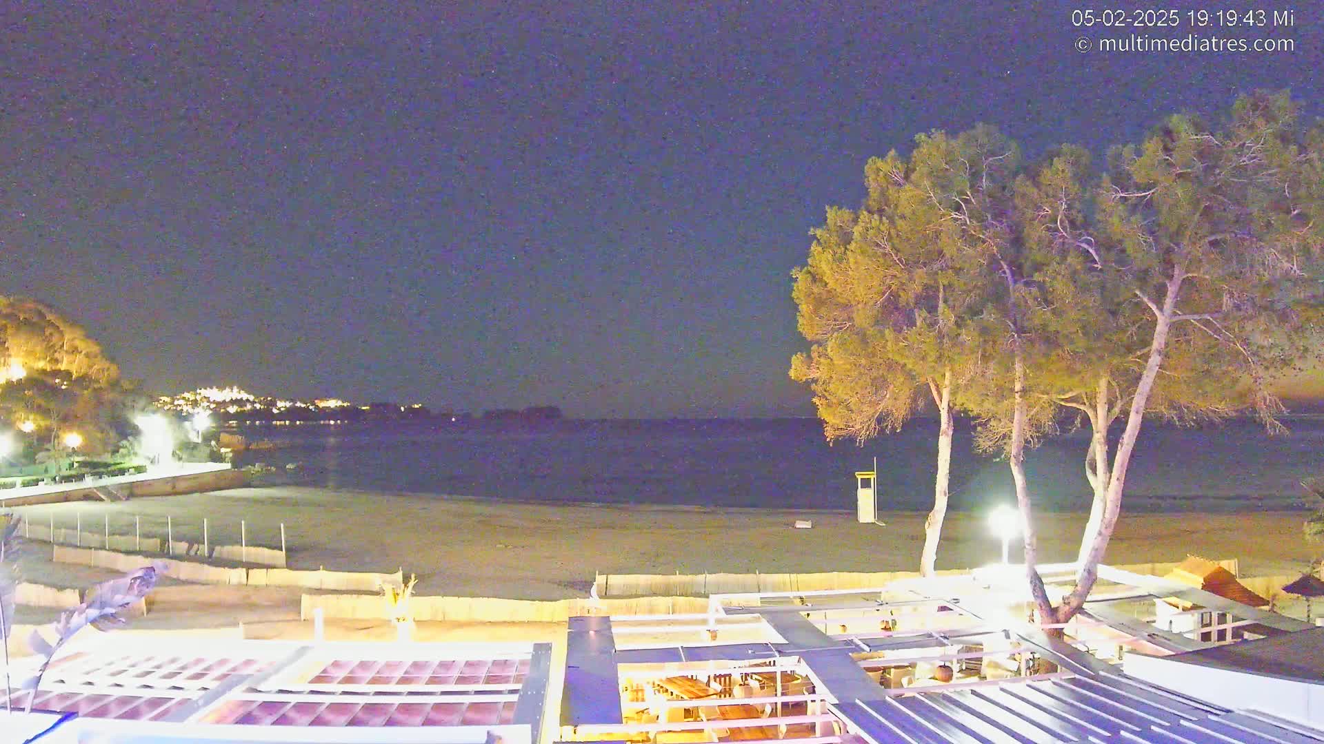 A nighttime view of a beach at night, with a calm sea, illuminated beachfront structures, and several trees under a clear, starry sky.